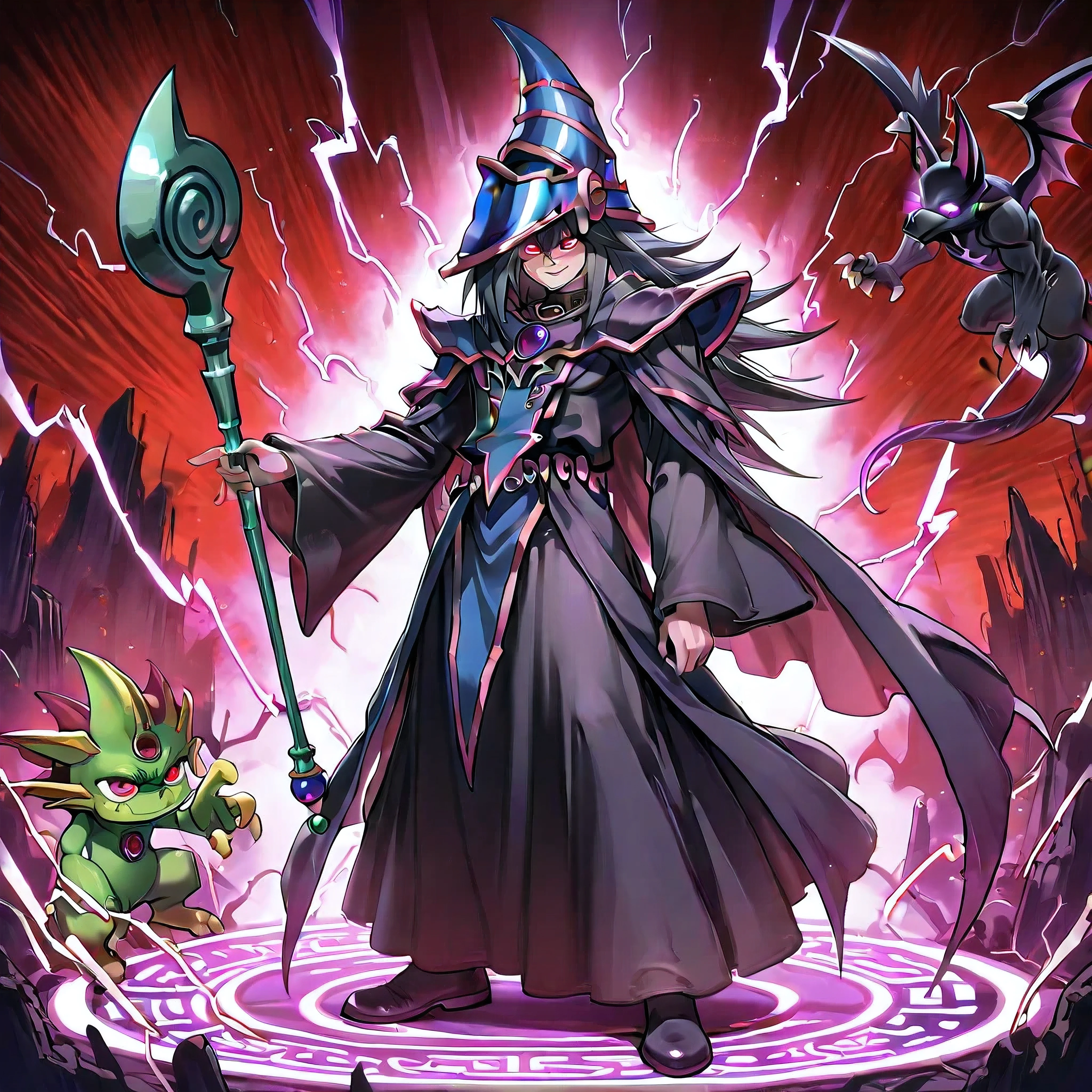 yugioh creature, dark magician of doom, void, black robe, mage hat, centered, looking to the left of the camera, background is dark void lightning, enveloping him and his staff, full body, hd quality, 4k, black hair, purple glowing eyes, smirking, black suit