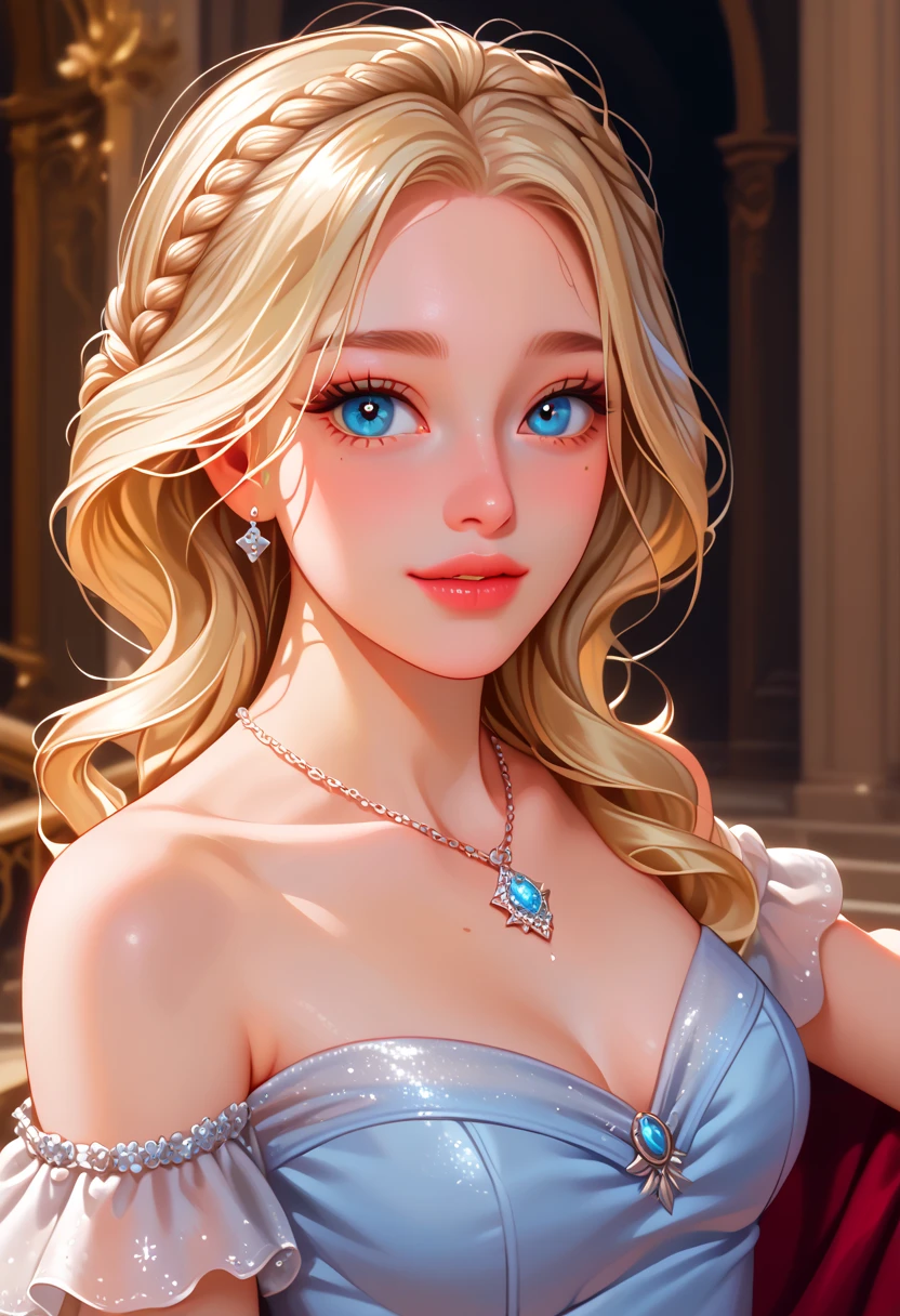 Young blonde woman with tears on her cheek wearing a gala dress and a blue sky in the background of the image, intricate, Chiaroscuro, sfumato, dramatic lighting, three-dimensional, clear-dark contrast, oil painting, subtle colors to create textures on the face, vibrant and warm colors to highlight details of the rosy cheek and red lips, bluish or grayish shadows in shaded areas, shades of blue and gray to create the tears, and white to represent the highest points of brightness and reflection of the tears, Caravaggio. studio portrait, soft light, rim lighting, twinkle in the eyes, bokeh background, painterly, Razumov Konstantin, Vladimir Volegov