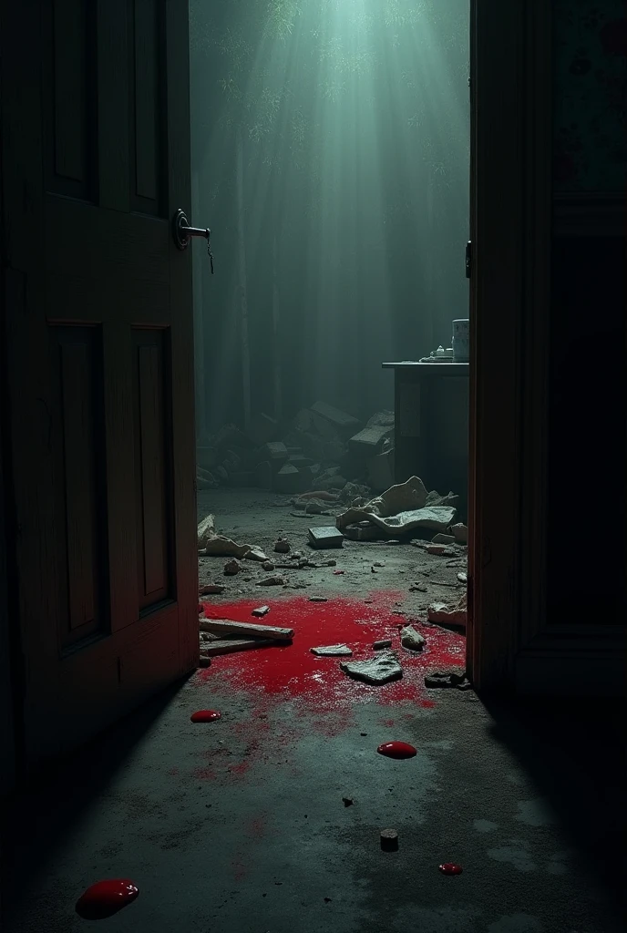 Scene: The Crime ScenePrompt:Illustrate a crime scene in a dark, abandoned building. The area should be dimly lit, with scattered debris and overturned furniture. Include subtle blood spatter on the walls and floor, and a blood-stained weapon or tool lying nearby. The lighting should be eerie, with shadows creating an unsettling atmosphere. The overall feeling should be one of desolation and dread.