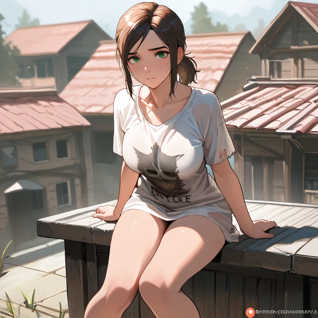 ((1 woman with brown hair,((medium breasts, bare breasts, erect breasts)),((brown pants, no blouse, bracelet, with boots, belt with a glue)),((brown eyes, happy face)) ,((facing the viewer)),in a forest with a view of a haunted city,at night)),