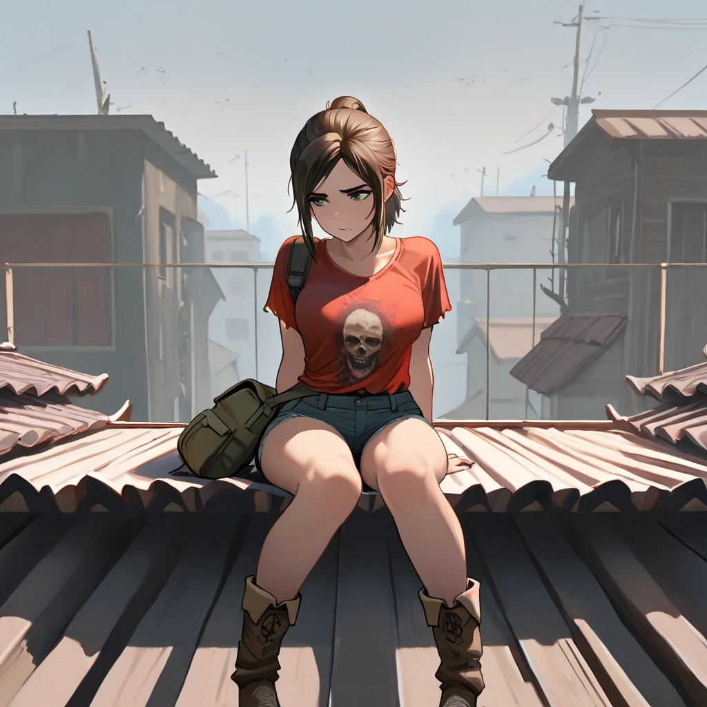 anime woman, in the image of Ellie, the last of us, green eyes, huge in a micro bra, masterpiece, high quality, post-apocalypse she sits on the edge of the roof in, side view, slightly dirty
