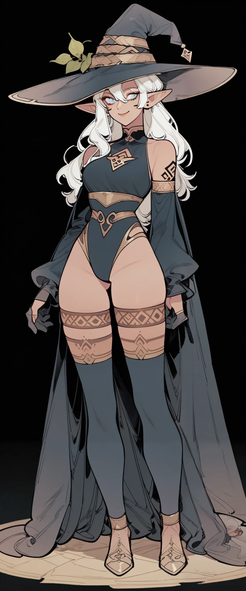 c0m1c_v1, c4nv4sStyl3_v1, 1girl, hat, solo, long hair, witch hat, gloves, detached sleeves, breasts, full body, pointy ears, very long hair, dark skin, looking at viewer, black background, leotard, black gloves, white hair, leaf, black headwear, standing, thighhighs, dark-skinned female, hair between eyes, closed mouth, medium breasts, see-through, smile, ass visible through thighs, clothing cutout, bare shoulders, highleg, arm tattoo, tribal tattoo, closed mouth, leg tattoo, ear piercing, pointy ears, short hair, facial tattoo
