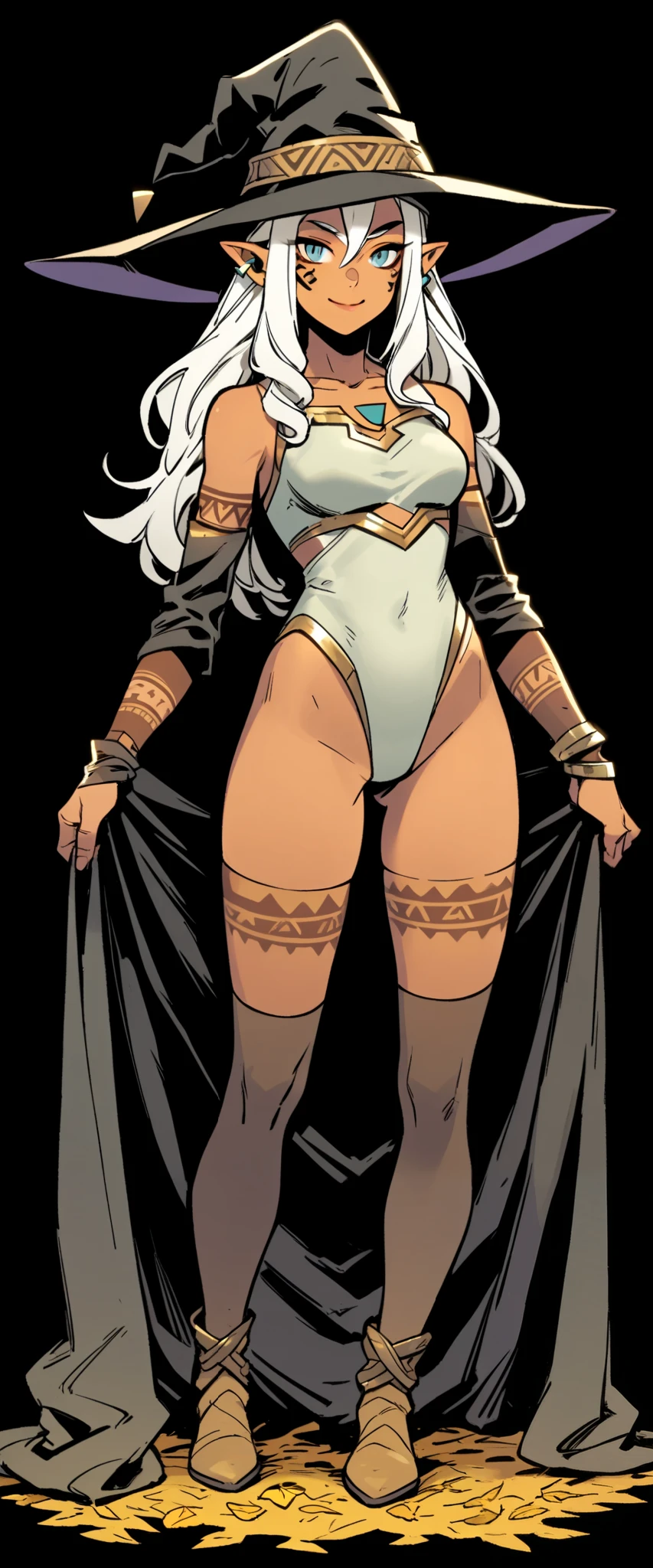 c0m1c_v1, 1girl, hat, solo, long hair, witch hat, gloves, detached sleeves, breasts, full body, pointy ears, very long hair, dark skin, looking at viewer, black background, leotard, black gloves, white hair, leaf, black headwear, standing, thighhighs, dark-skinned female, hair between eyes, closed mouth, medium breasts, see-through, smile, ass visible through thighs, clothing cutout, bare shoulders, highleg, arm tattoo, tribal tattoo, closed mouth, leg tattoo, ear piercing, pointy ears, short hair, facial tattoo