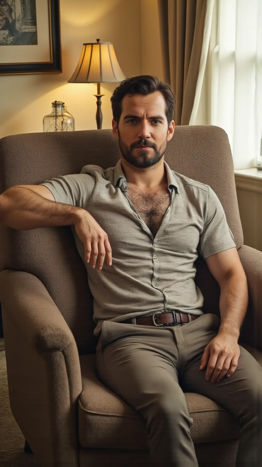 analog style, a hunky turkish man in a white button up shirt, villager, ugly man, stubble beard, hairy chest, open buttons, sitting, relaxed, at home, natural pose, TOBİAS FÜNK