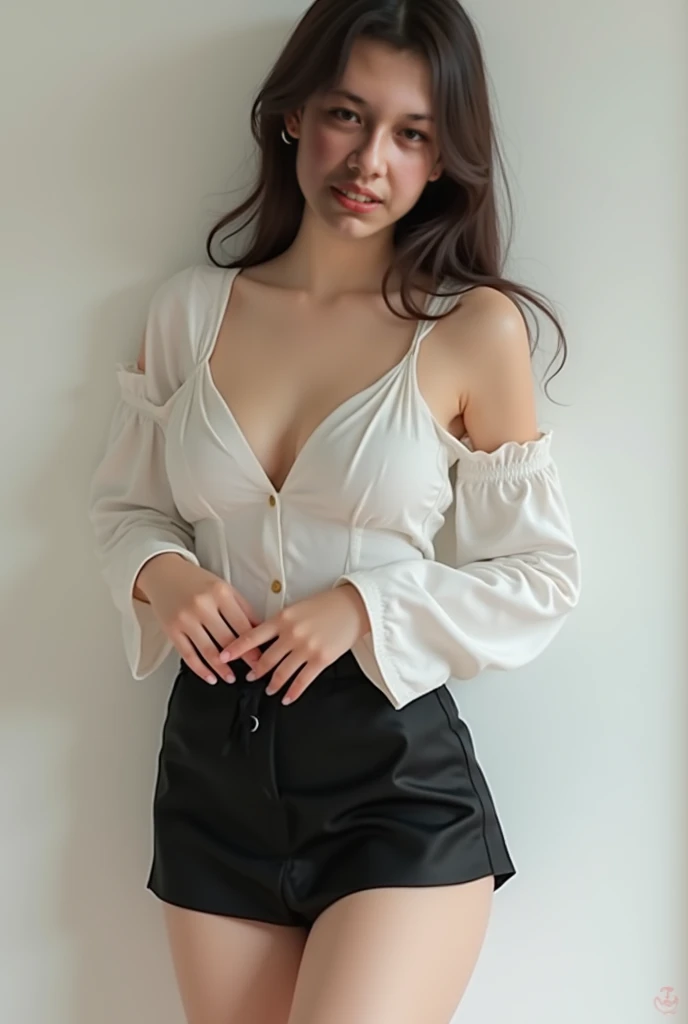 Imagine a young Indonesian woman with shoulder-length, slightly curly blonde hair. She has an oval face with soft features, including well-defined eyebrows and lips highlighted with bright red lipstick. She has big size 36B breasts. The woman wore a white shirt covered with a long-sleeved blazer, reflecting a professional and modern appearance. Tight short skirt. She wore a white bracelet on her wrist and a simple gold necklace to top it off. Also standing out is the detailed flower and leaf tattoo on her left arm, which adds a personal touch to her sophisticated style. Her expression is confident and slightly smiling, looking directly at the camera, exuding confidence and strength HD, 4K realistic images