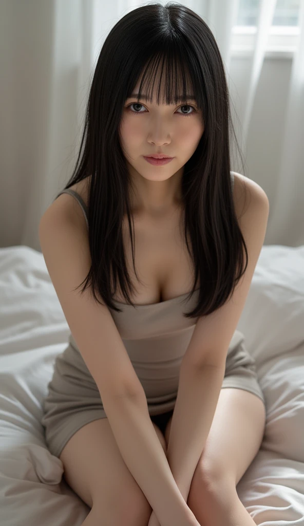 masuter piece, top-quality, masterpiece, hight resolution, Photorealsitic, Raw photography, 8k wallpaper, flawless, profetional lighting, ighly detailed, depth of fields, ((one beautiful women)), ((50 year old sexy woman)), (in the hotel lobby), ((Dresses with flashy colors and patterns)), ((See the viewer's eyes)), Detailed face, beautidful eyes, (Sit in a good posture), bangss, small breasts of good shape, Light Brown Straight Hair, (thick lip), (arms between legs), sweaty, wet skin,