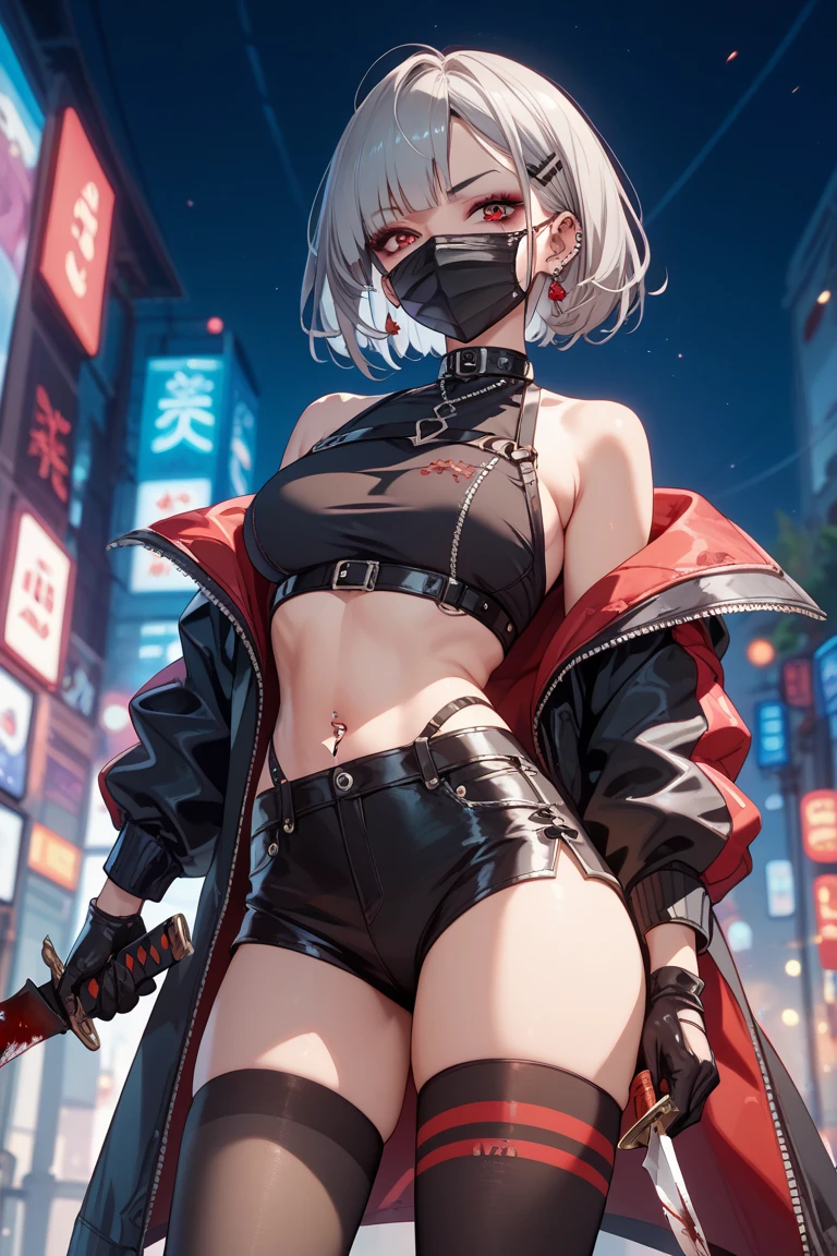 top-quality、Top image quality、in 8K,4K,masterpiece、、ultra-detailliert、Beautiful、ultra-quality、adult-like、Cool、girl with(((18year old、Pitchy inner:1.2、Put on your coat、small tits、silber hair、a short bob、Red Eyes、erotick:1.1、Happiness、The tattoo)))、hiquality、visualart、Background with((nightcity:1.2))、masutepiece
