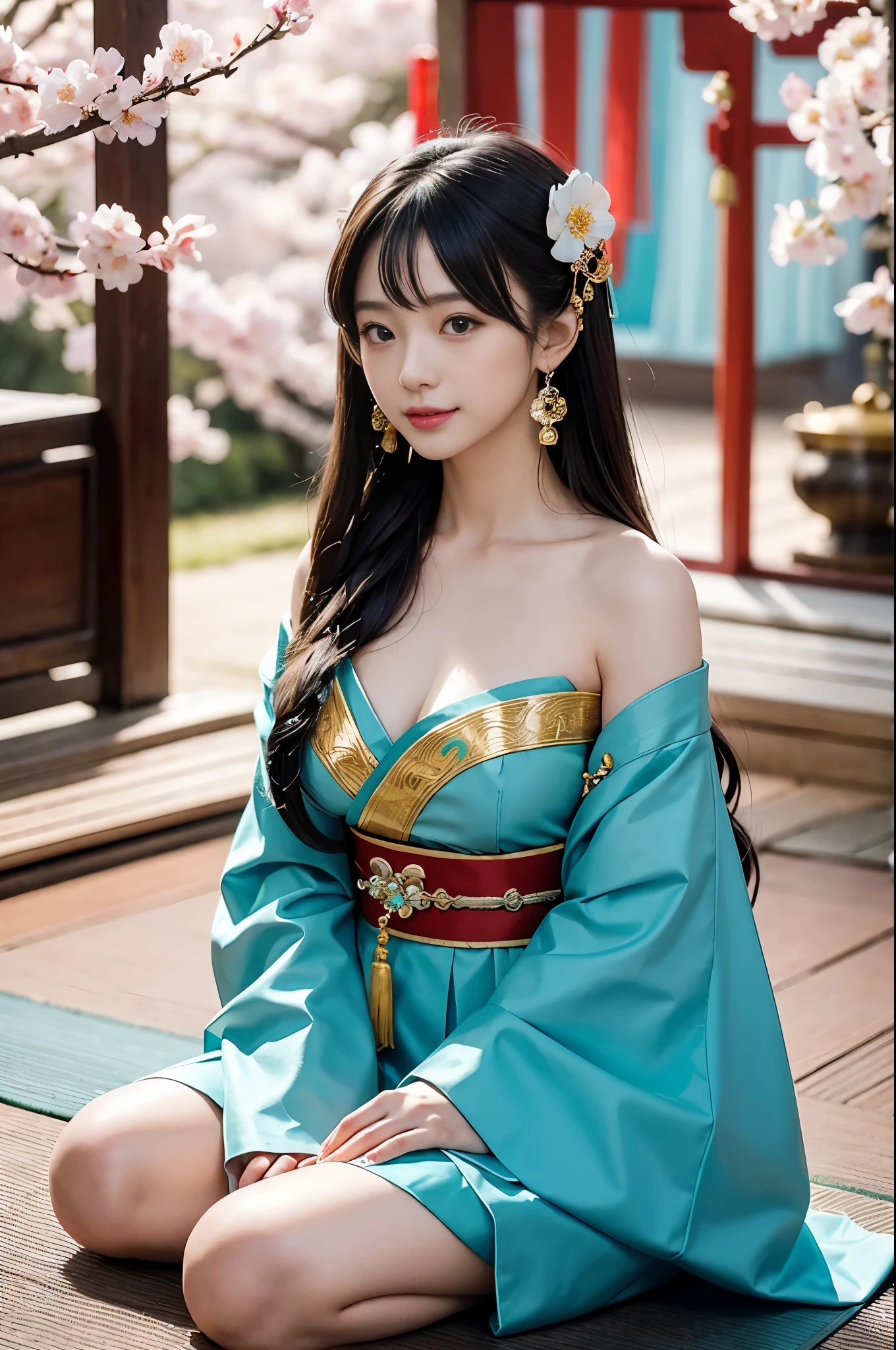 A girl , idol, detailed shrine maiden clothes, Full body shot, turquoise blue and gold shrine maiden clothes, Luxury shrine maiden clothes with detailed embroidery, bare shoulders, long hair, wearing transparent , best quality, (hair ornament:1.35), jewelry, earrings, cherry blossoms, lantern light, depth of field, detailed face, face focus, ribbon_trim, (looking at viewer:1.25), nontraditional miko, shiny skin, long sleeves, Beautiful firm cleavage, beautiful clavicle. big smile , thick lips, (blurry background:1.2), sitting, from below, Chinese style