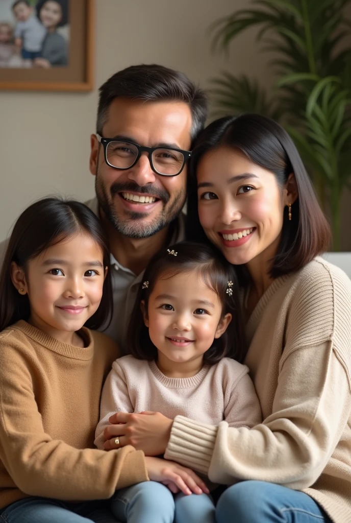 The composition of the Korean family consists of father and mother with 1 son with an undercut hairstyle aged 10 years and a baby girl aged 2 years, father with a man bun hairstyle, and mother wearing a headscarf with glasses, sitting on a sofa on the roof of the apartment with a safari park in the background, all with happy smiling expressions, in hyperrealistic 3D caricatures.UHD, Hasselblad X1D II 50c camera, iso 200,