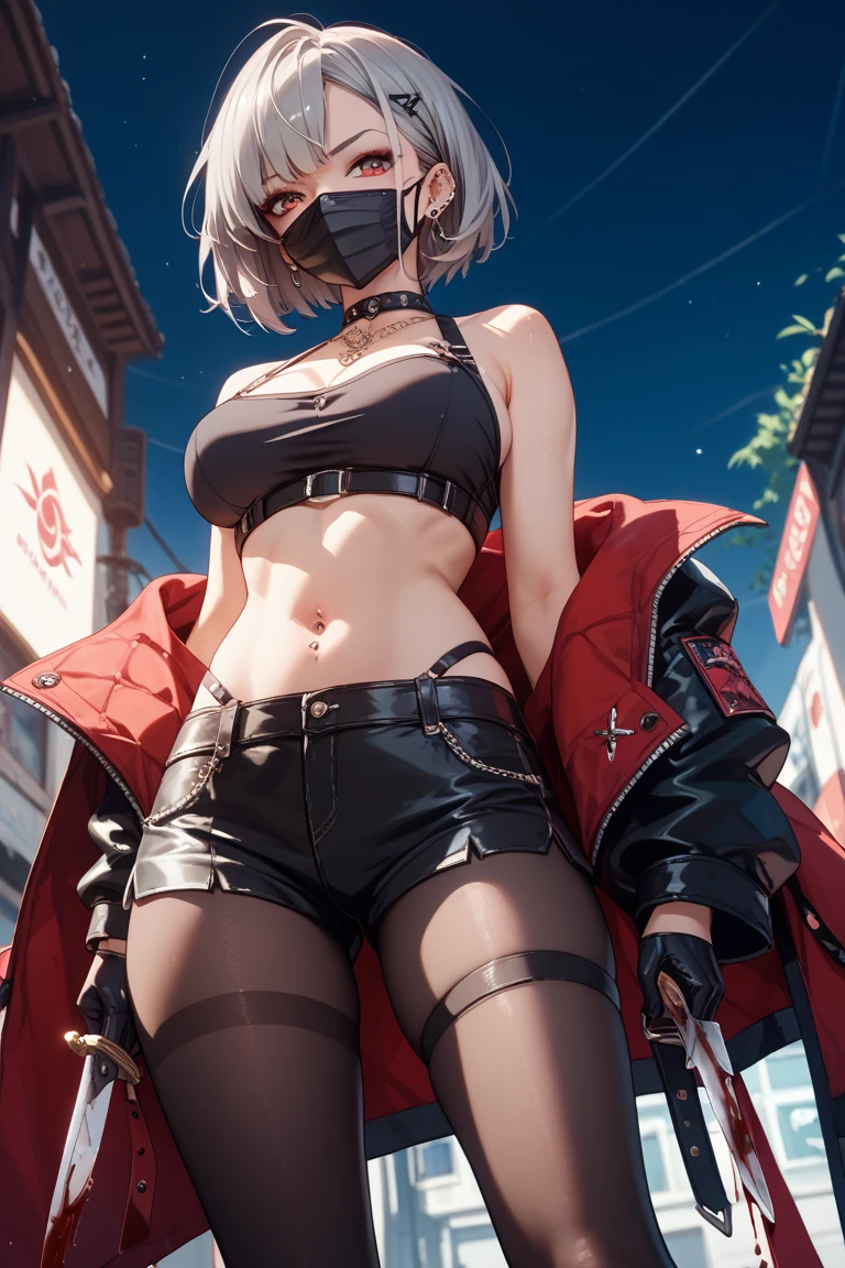 ((Highest quality)), ((masterpiece)), ((detailed)), (4K), (nsfw), 1girl, 独奏, (eyepatch), white hair, short hair, crop top, leather jacket, large breasts, Torn miniskirt, suspender skirt, torn pantyhose, panties under pantyhose, cameltoe, choker, bracelet, erect nipples, (rain), ((wet)), see through, (expressionless), scowl, (from below), (looking down), looking at viewer, (open legs), wasteland, town