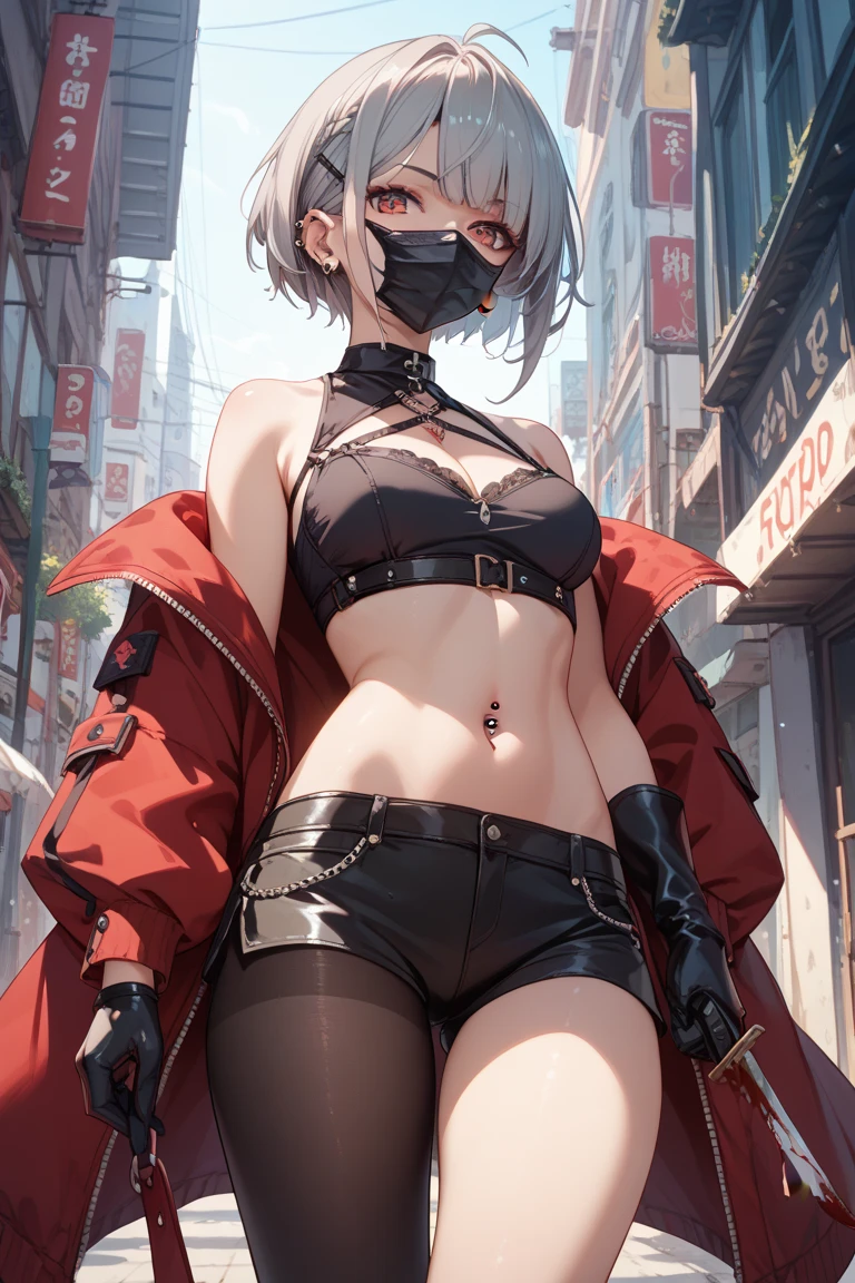 ((masterpiece, highest quality:1.2)),cowboy shot,1woman,20 year old beauty,solo,((very small head)),short hair,messy hair,light blue hair,blue eyes,blunt,((very long and slender body)),toned body,skinny,medium breasts,shiny skin,oily skin,blush,A strong smile,Red leather jacket、 Red tight mini skirt、black tube top bra、black_thighhighs,Bounty Hunter、Holding a handgun in your hand、on street,Big cities、Cyberpunk World、