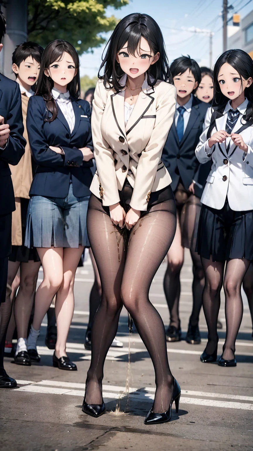 (((masterpiece, Highest quality, High resolution, 超High resolution, Pixel Perfect, Written boundary depth, 4K, RTTX10.0))), Beautiful Anime Woman, Beautiful art style, Anime characters, ((Smooth texture, Realistic texture, Anime CG style)), Exact finger count、Exact number of legs、(Exact number of arms:1.0, Exact number of hands:1.0), (Perfect hands, Perfect Anatomy), Cinematic, Realistic, Extremely detailed CG, Daytime lighting, Perfect lighting, Best Shadow, The best natural light, whole body, Perfect body, ((Long Hair, bangs, Dark brown hair, Bobcut)), (Detailed face, Beautiful Face, Beautiful eyelashes), (An adult woman is walking next to me.., Pull up your skirt with your hands.:1.4), (Fashionable white shirt, Sailor collar, Navy Knee Socks, loafers, Navy pleated mini skirt:1.3)、Angle from the front, ((Stylish shiny satin panties, White side-tie panties, White lace trim:1.3)), (beautiful and big breasts:1.2), (Beautiful and thin thighs:1.3), Feeling embarrassed, (blush:1.2), (Very embarrassed look:1.4), Very patient expression, (Urban hustle and bustle, backgroundにビル, Sidewalk, backgroundの交差点, background, Crowd of people in clothes々々々:1.4), Her breasts are visible、(
vibrator in thighhighs)