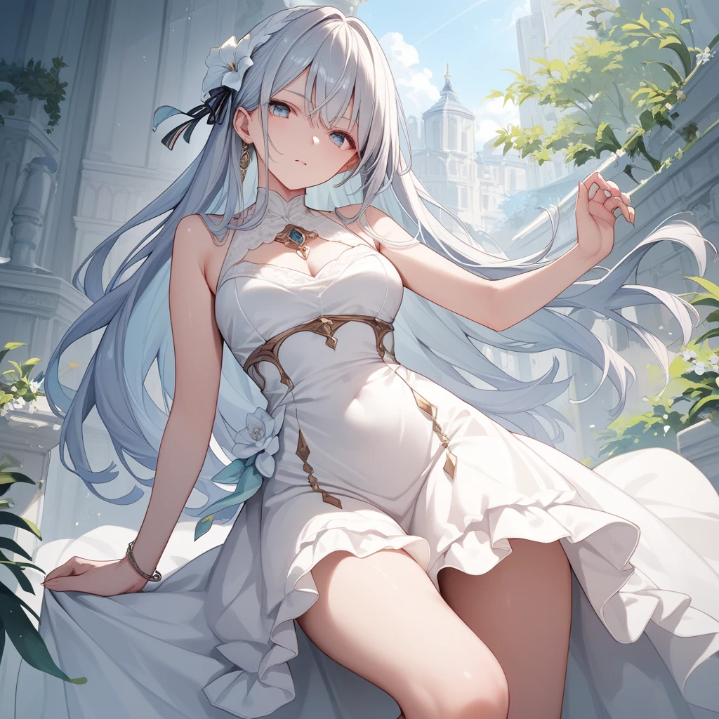 masterpiece, best quality, illustrious \(azur lane\), 1girl, blue eyes, wihte hair, very long hair, hair ornament, breasts, white dress, detached collar, bare shoulders, navel, elbow gloves, mole under eye, white footwear, full body,