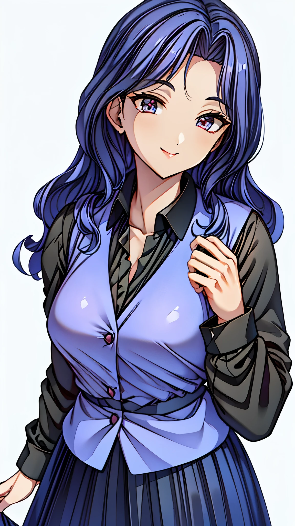 (super quality,super high resolution,16k,Super Masterpiece,Ultra HD ,detailed shading and background,)Sexy Female Teacher ,long black hair, long sleeve black shirt,Purple vest,The Valley of the Chest,cover,smile,Long Skirt,in front of the blackboard,