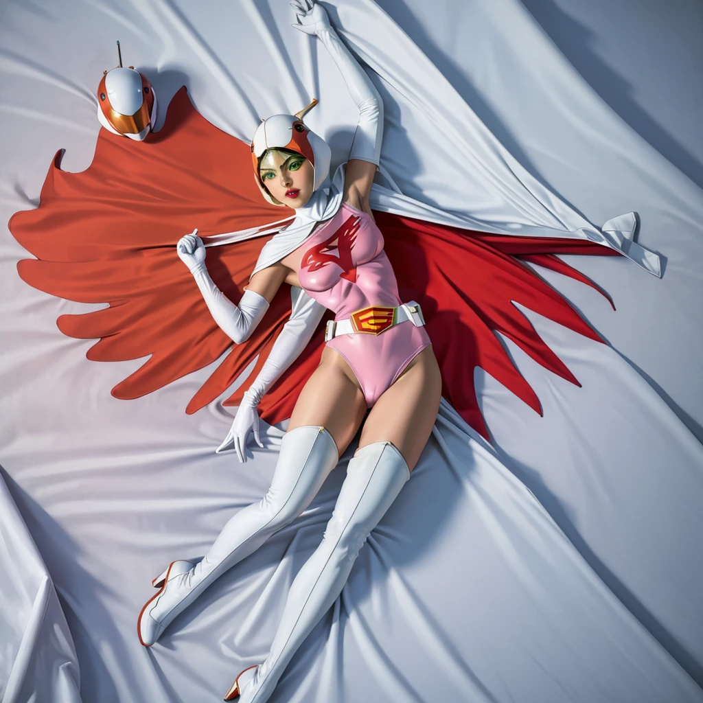 ANI_CLASSIC_jun_gatchaman_ownwaifu,1girl, ,good anatomy, masterpiece, best quality,realistic, hyperrealistic, 16k hdr, long hair,breasts,green eyes,lips,large breasts,lipstick,makeup,gloves,cape,helmet,belt,elbow gloves,white gloves,mask,ultra miniskirt,leotard,spacesuit,white tight overknee highheels boots,pink dress,superhero,bodysuit,cleavage,erected nipples,(lying flat poses, view from above),cameltoe