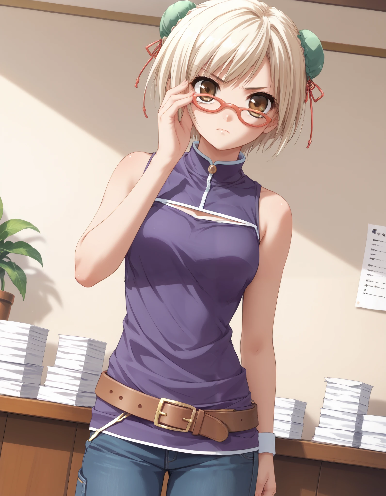score_9, score_8_up, score_7_up, source_anime, pia carrot style, adjusting eyewear, serious, anime screencap, glasses, light blonde hair, brown eyes, short hair, glasses, hair bun, bun cover, bun covers, double bun, 1girl, solo, sleeveless, purple shirt, turtleneck, belt, pants, jeans, indoors, papers pile, cowboy shot