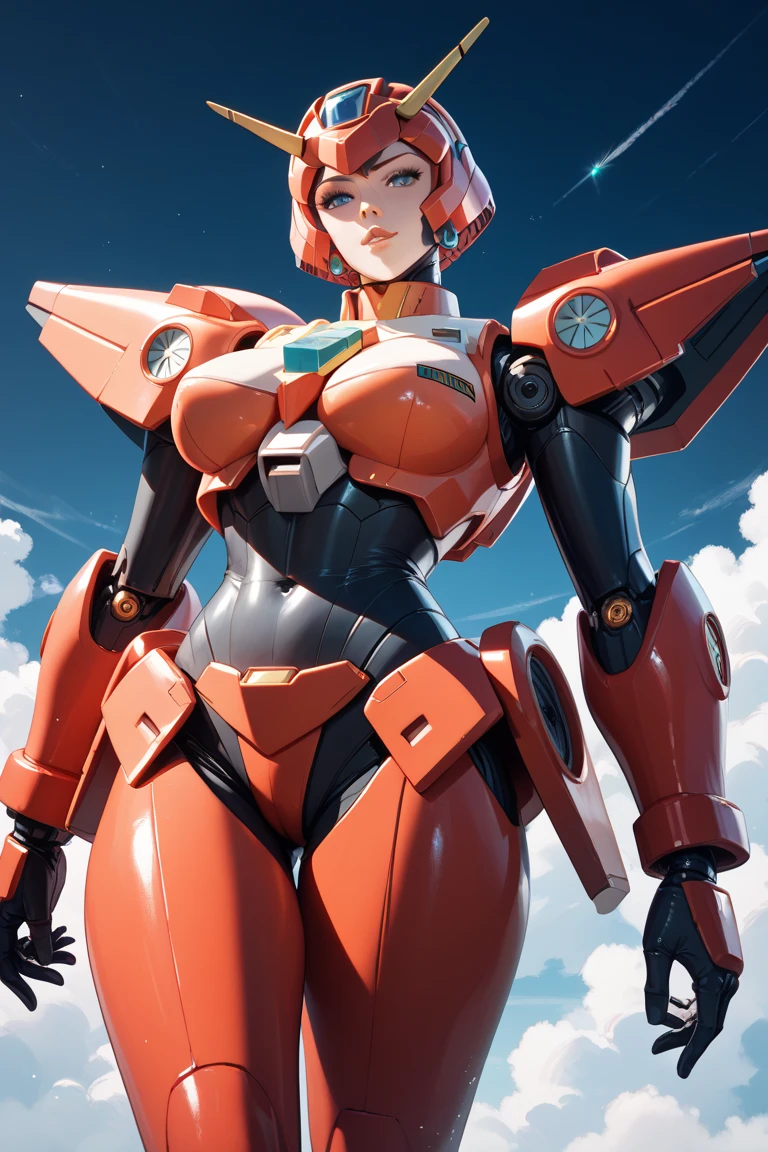 mecha-girl,white color mecha,red tinted hair,Blue pupil,The body is well-proportioned and not exaggerated。 --auto