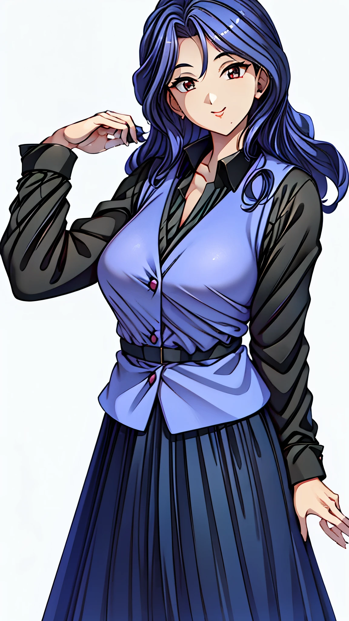 (super quality,super high resolution,16k,Super Masterpiece,Ultra HD ,detailed shading and background,)Sexy Female Teacher ,long black hair, long sleeve black shirt,Purple vest,The Valley of the Chest,cover,smile,Long Skirt,in front of the blackboard,