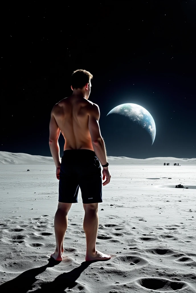 Create a shadow of a man (without visibility his face and his whole body it should be seems loke a totally shadow only shapes should be visible and in background only moon and infront only darkeness and in dark and picture from left angel) beard and muscles standing at hills in moon night ,
All good keep same as it is just add beard