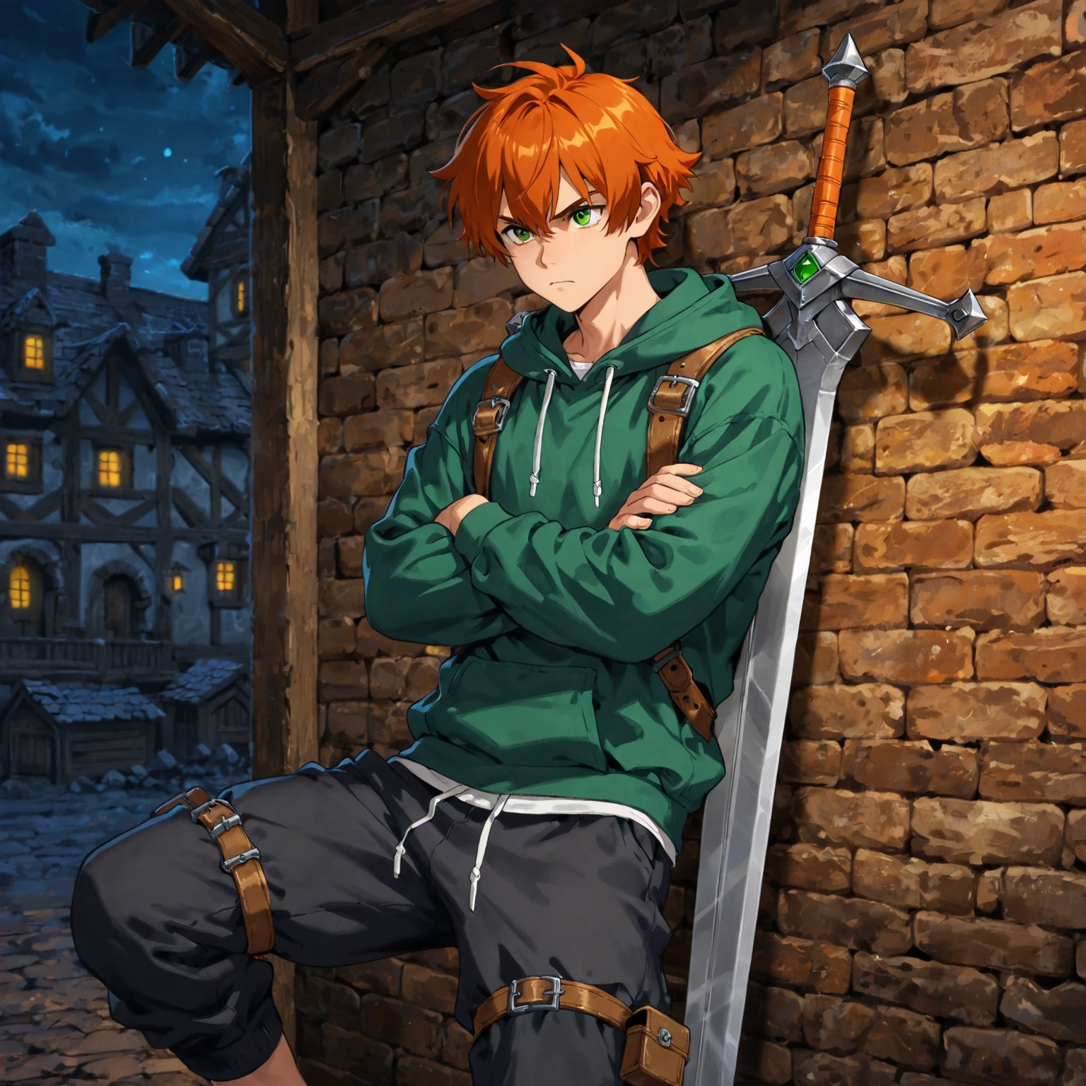 Hunter,Young male,red hair,green eye,Fantasy,flirtatious,handsome,Talk a lot