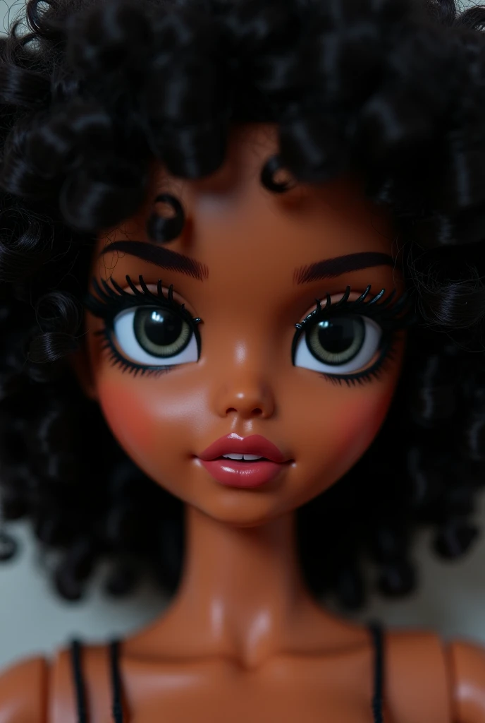make a Blythe doll on a white background, straight black hair, side pompadour, thin eyebrows, slightly brown skin, with a black top
