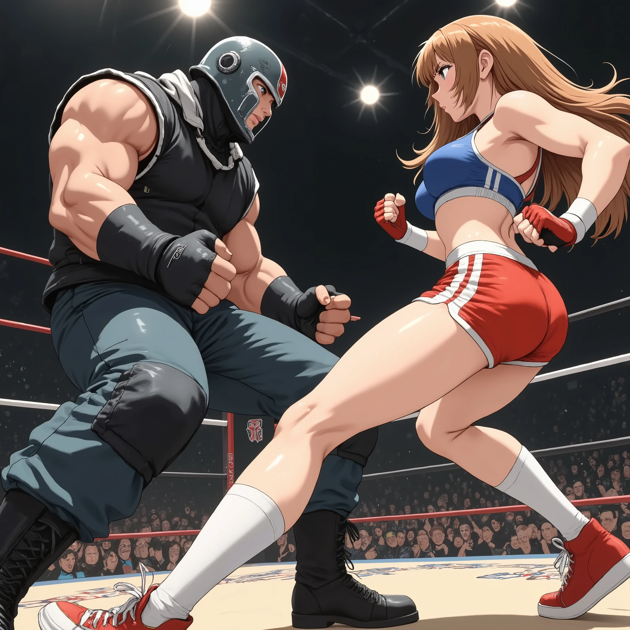 (masterpiece, Top Quality:1.2),low angle、1 girl, 1 boy ,fight、woman in sports bra and shorts。giant male wrestler。male masked wrestler。
battle of the sexes,handfixer。face to face。,Active Angle。sharp-eyed woman。from below,