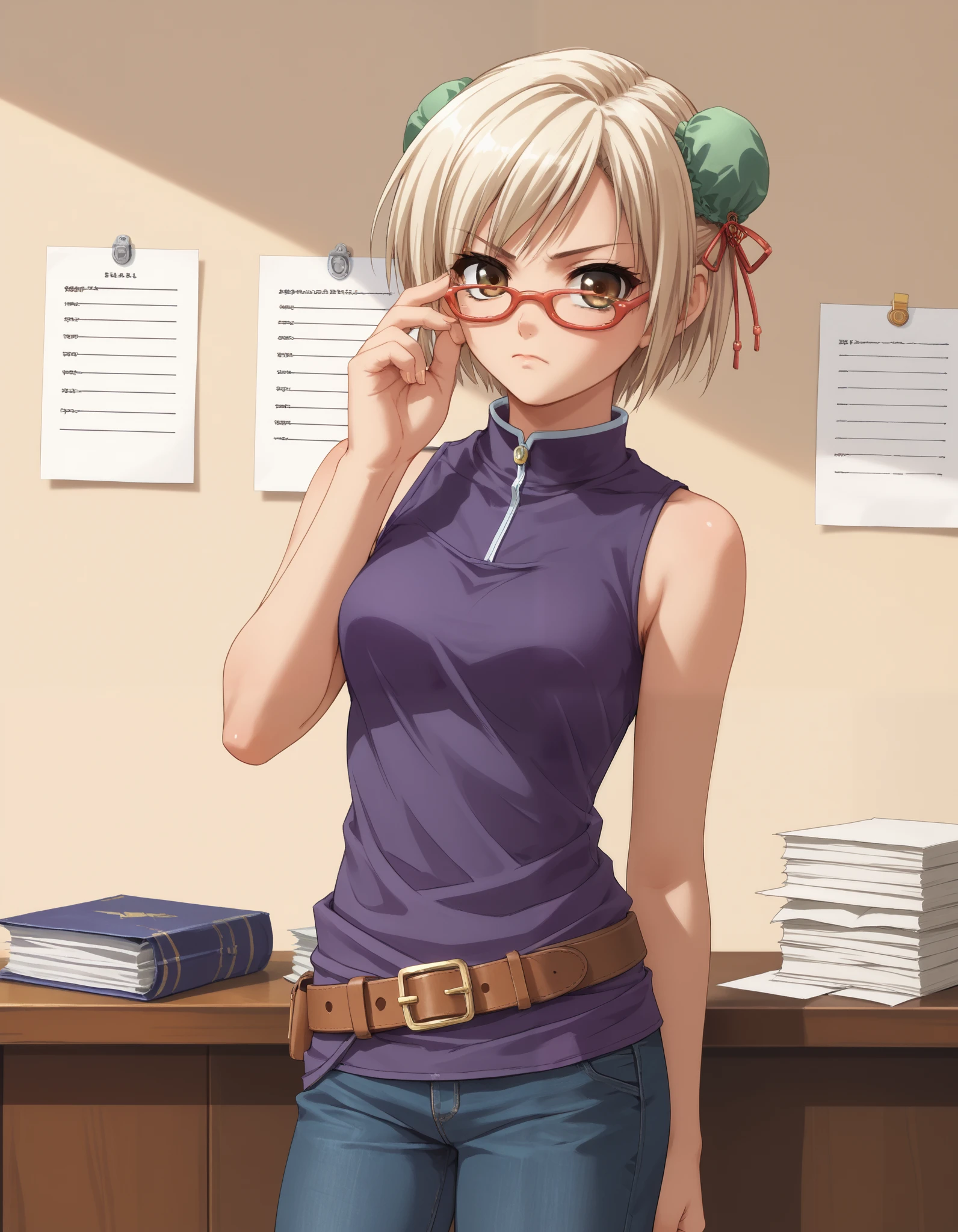 score_9, score_8_up, score_7_up, source_anime, pia carrot style, adjusting eyewear, serious, anime screencap, glasses, light blonde hair, brown eyes, short hair, glasses, hair bun, bun cover, bun covers, double bun, 1girl, solo, sleeveless, purple shirt, turtleneck, belt, pants, jeans, indoors, papers pile, cowboy shot