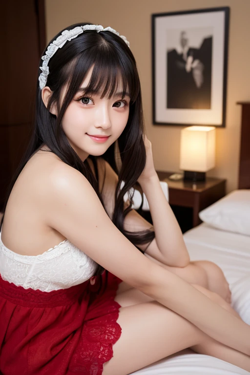 1 woman, dreamy background, (Highly detailed body, very detailed face, top quality:1. year old woman), looking at viewer, A smile with visible teeth, I can't see her hands, (very long layered hair:1.2), (Her thighs are very beautiful:1.3), (8 thousand:1.5), (Lovely pajamas:1.3), (skin glow:1.3), (small medium breasts:1.3), The Most Beautiful Women