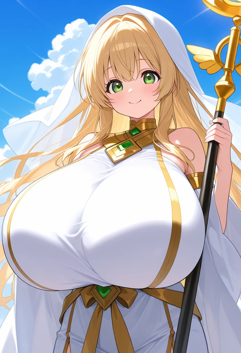 An anime-style artwork depicting Cerestia of Life from the game Last Origin.
Tags: Cerestia of Life, anime, detailed eyes, detailed lips, blonde hair, white dress, smiling expression, intense gaze, glowing emblem on hand, dynamic pose, mystical background, vibrant colors, digital art, high-resolution, professional quality, gigantic breasts, cleavage, huge tits.