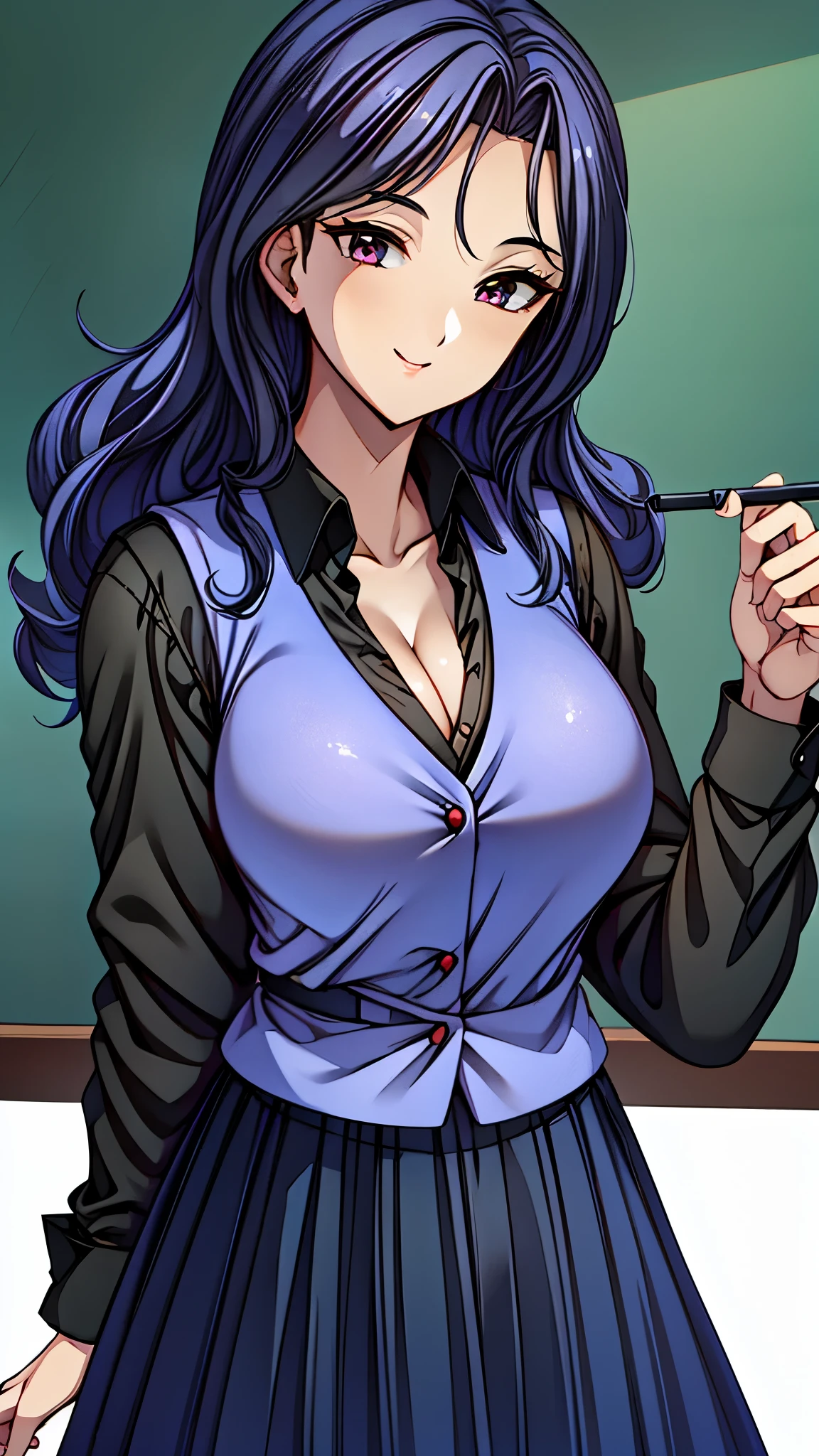 1girl, solo, purple-black hair, beautiful detailed lips, large breasts, blunt bangs, morda, long hair, lipstick, smile, Hot girl, baddie, staring, glaring, bad attitude, mean girl, dare, angry, hate, crazy, smoking, sensual, attractive,masterpiece, best quality, ((unbuttoned , cleavage, necklace, earrings, sexy body,
breasts)) , micro skirt, smiling, navel , exposed belly, exposed navel,(nsfw) not safe for work,school,
classroom , hold a gun,knot, holding pistol