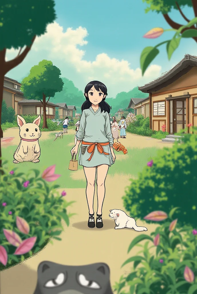 (masterpiece, best quality), 1girl, Emerald Green Waterfall Braid, Size DD breasts, Beige Kimono top and Linen culottes, ankle socks, Walking with an umbrella in the rain, looking up with a sense of optimism and hope.,   <lora:terasu_mc:1> terasu_mc