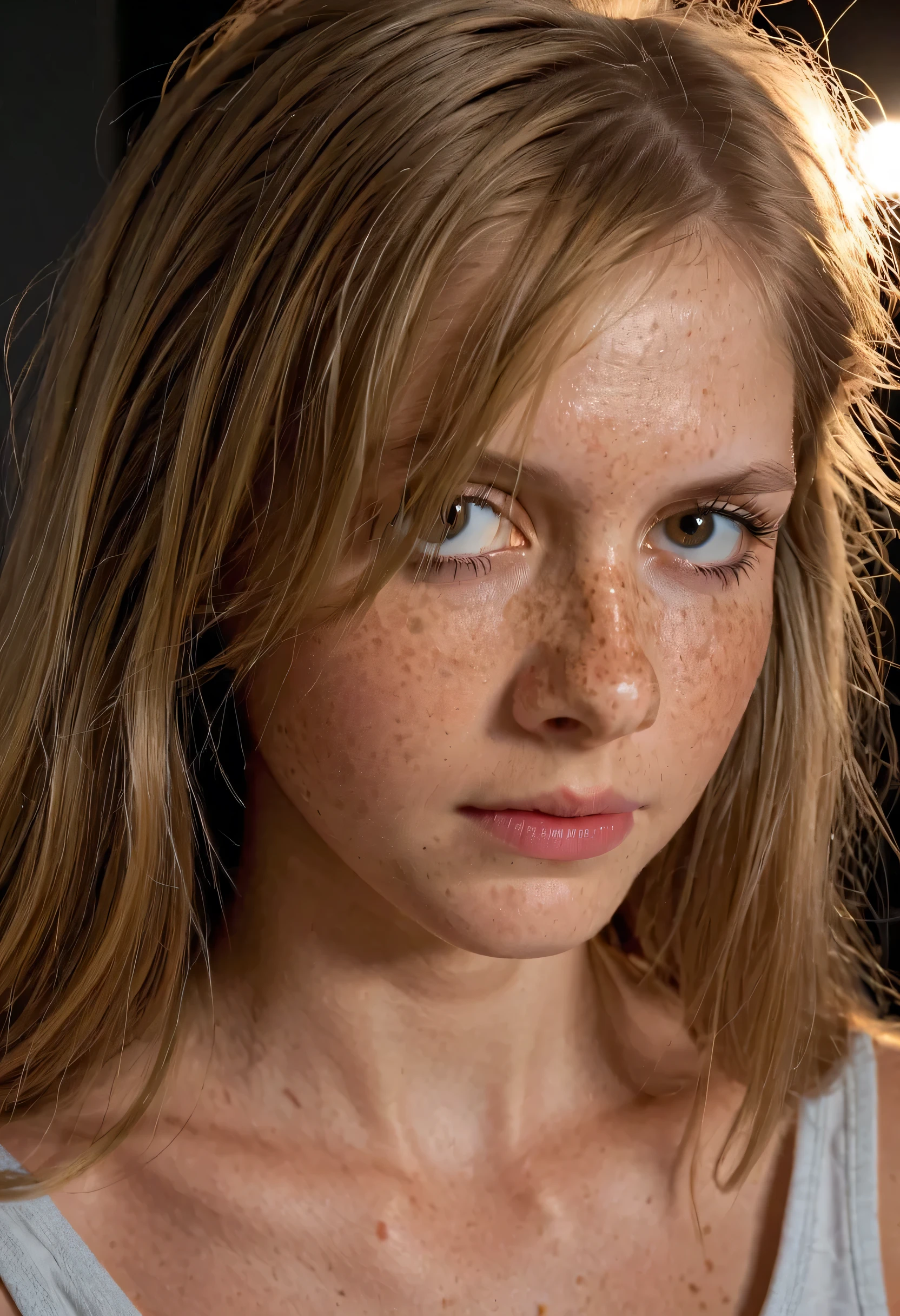 a young girl, skinny tween girl with 3/4 upper body, (()), freckles, dark blonde hair, photo-realistic, 8k, hyper detailed, masterpiece, cinematic lighting, natural skin texture, intricate details, cinematic lighting studio