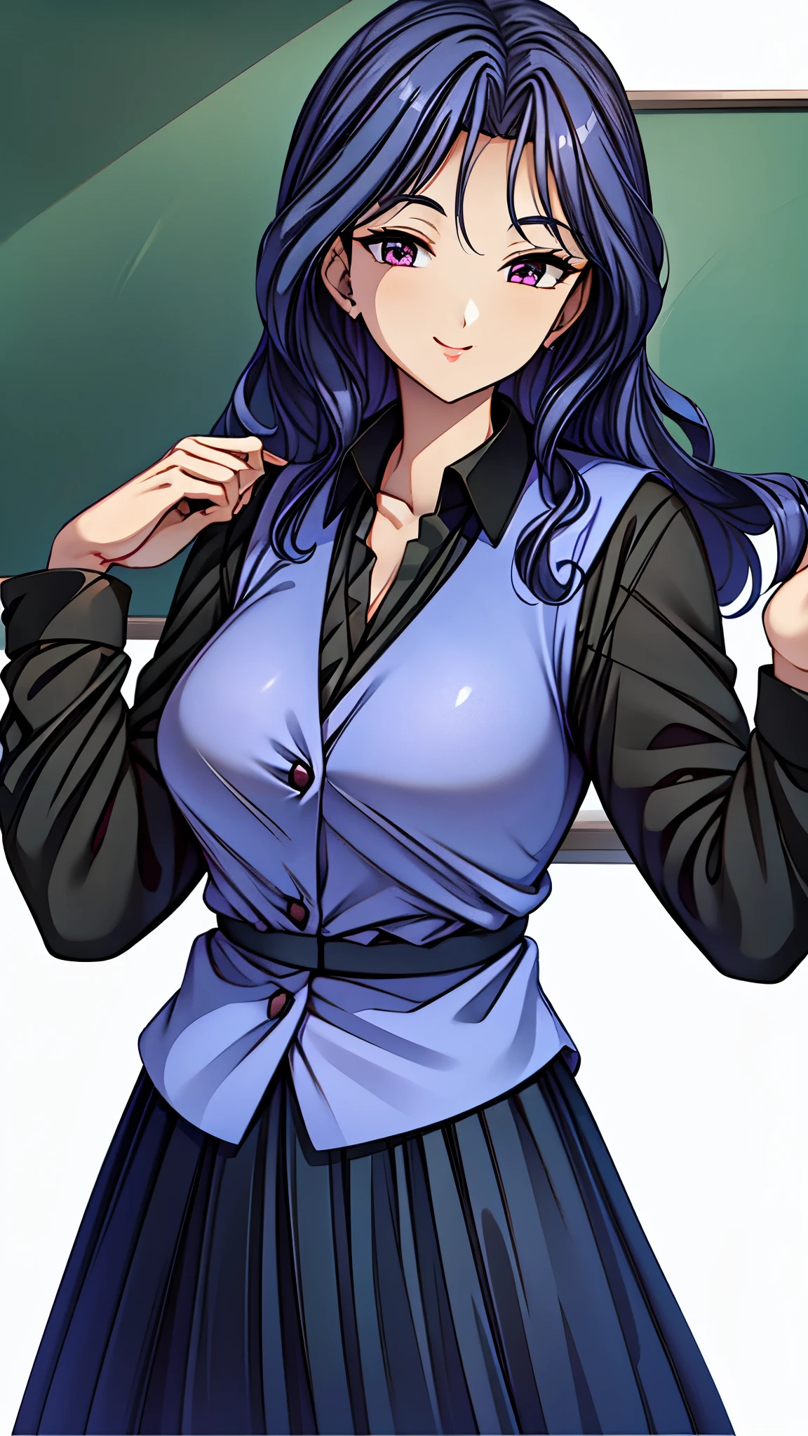 (super quality,super high resolution,16k,Super Masterpiece,Ultra HD ,detailed shading and background,)Upper body shot,Sexy Female Teacher ,long black hair, long sleeve black shirt,Purple vest,The Valley of the Chest,cover,smile,Long Skirt,in front of the blackboard,