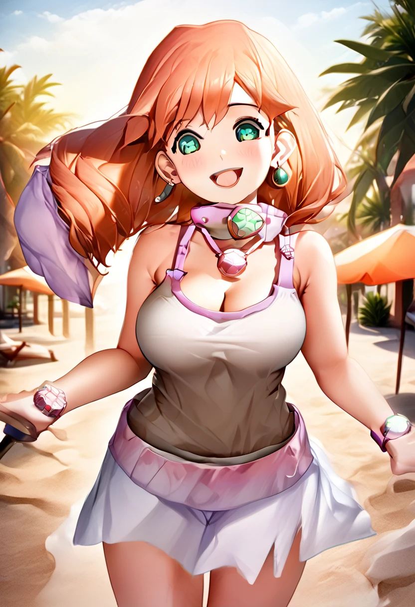 masterpiece, best quality, very aesthetic, absurdres, 1girl, mature_lady,,smug,Hot pink hairstreaked hair,Polynesian Printed Dress Uniform: Often features dresses with vibrant island-inspired prints.,Ferrocement Construction,floating_hair