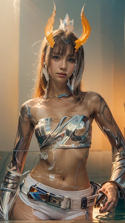 Masterpieces, super details, 8K, aesthetic, fantastic, (RAW photograph, highest quality), (real, photolian wristics: 1.3), sharp focus, (soft light), (environmental lighting), super -detailed super -realistic Beauty images, (accurate anatomy body and hands), four fingers and one thumb, cute round, beautiful face, (gentle smile), detailed face, curled long hair, swirl Elements, beauty and complexity works, green -blue rainbow -colored shine, backlight, (cowboy shot), see -through, colorful drip, rainbow oil, (transparent and glittering glass skin: 1.3), glittering beautiful glass skin, beautiful face, detailed and perfect face, perfect proportions, huge breasts, no bra, beautifully shaped areola and nipples, thin waist, navel, big butt, gap between the legs, sexy thighs, ((random pose, Change pose, dynamic angle,)),