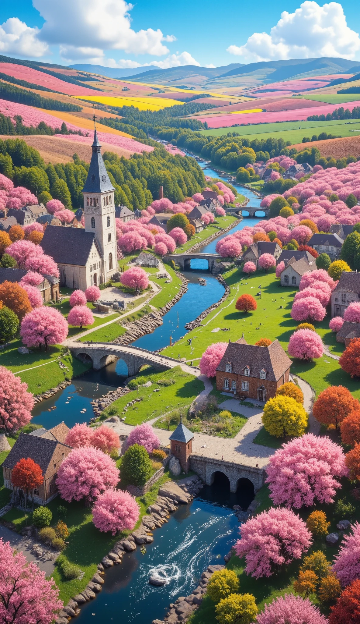 in high-definition images、Spring Prairie Image Masterpiece 、 bright color 、Spectacular Dramatic Expression Intense Style 、 Small Village with European Churches 、 Gothic Bridges 、 River Valley River、 Cherry blossoms along the river 、 Crystal Water Top Quality Delicate Details 、Ultra Clear 、 Screen Environment 、 realistic shadows 、 STURDY BUILDING。