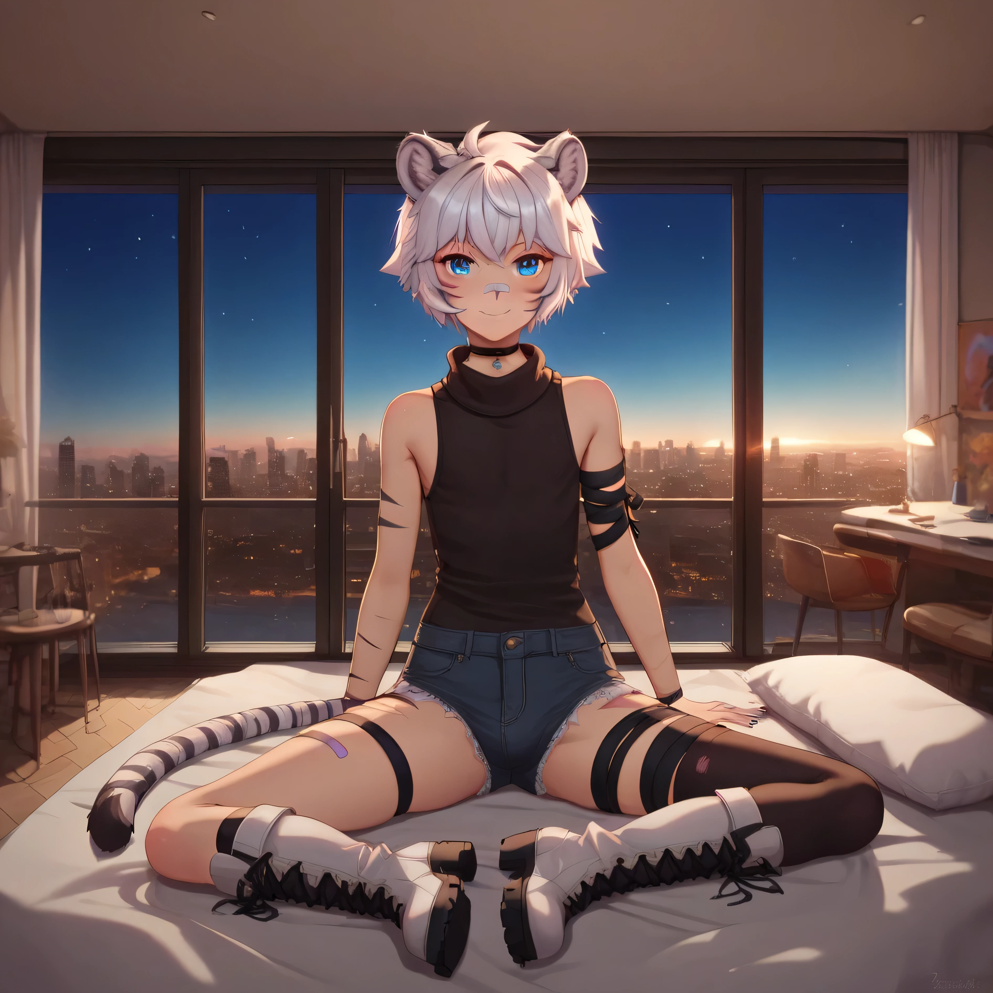 detailed, intricate details, FaceDetail, stunning, masterpiece, best quality, detailed eyes, vivid eyes, score_9, score_8_up, score_7_up, score_6_up, full body shot, rear view, 4partment, indoors, window, scenery, cityscape, night, midnight, looking at viewer, Taigaholic, femboy, sitting on bed, laced sides, turtleneck, bandaid on nose, bandaid on cheek, cross, white hair, tiger ears, short hair, sleeveless, black denim shorts, single, blue eyes, choker, black nails, white boots, exposed pockets, winged boots, arm ribbon, thigh ribbon, tiger tail, Burgandy single thigh high, asymmetrical legwear, nervous smile,