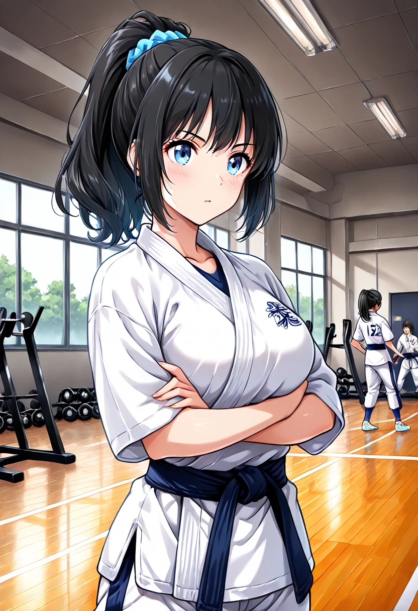 chica, judo,   、pechos grandes、black hair , ponytail hair, blue eyes, at the gym,the best quality, very aesthetic, woman, best illustration, Not fit for work,