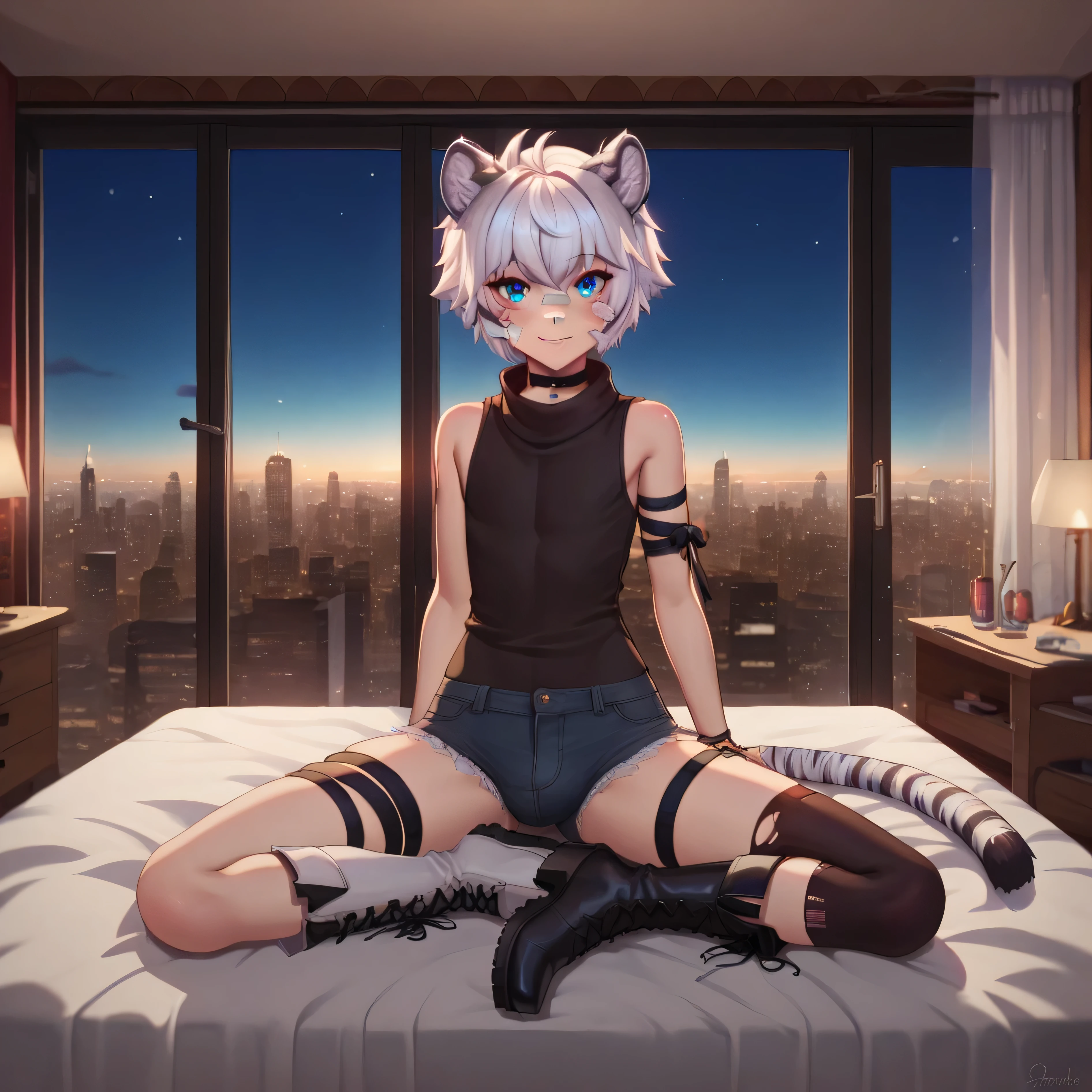 detailed, intricate details, FaceDetail, stunning, masterpiece, best quality, detailed eyes, vivid eyes, score_9, score_8_up, score_7_up, score_6_up, full body shot, rear view, 4partment, indoors, window, scenery, cityscape, night, midnight, looking at viewer, Taigaholic, femboy, sitting on bed, laced sides, turtleneck, bandaid on nose, bandaid on cheek, cross, white hair, tiger ears, short hair, sleeveless, black denim shorts, single, blue eyes, choker, black nails, white boots, exposed pockets, winged boots, arm ribbon, thigh ribbon, tiger tail, Burgandy single thigh high, asymmetrical legwear, nervous smile,