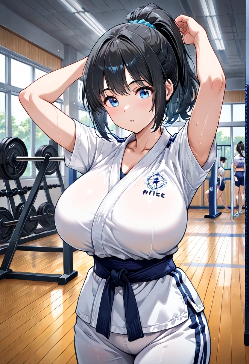 chica, judo, 、huge breasts of an adult woman,、black hair , ponytail hair, blue eyes, at the gym,the best quality, very aesthetic, woman, best illustration, Not fit for work,