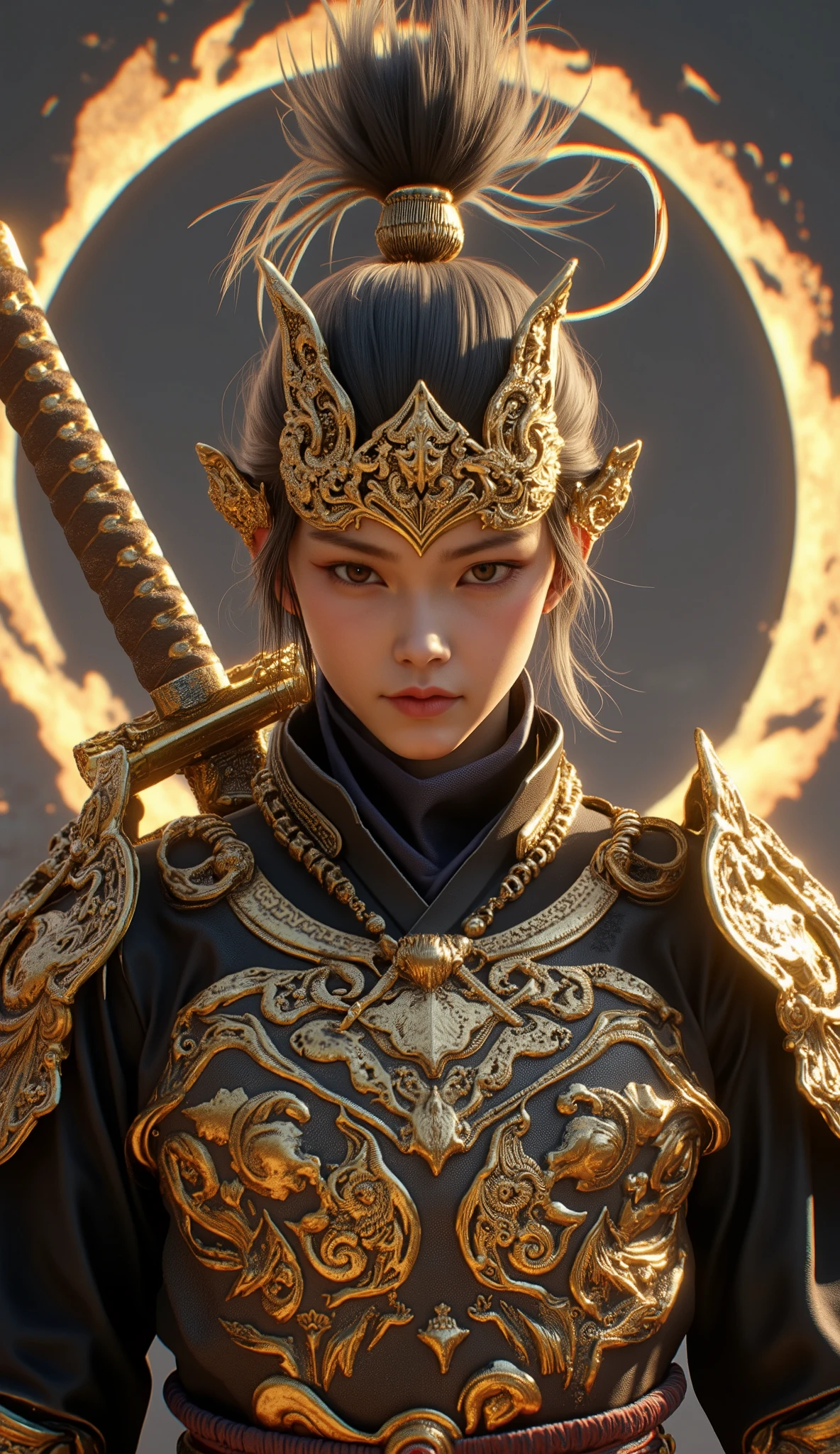 digi image. The most realistic 4K high-definition tussock of a young man in a beveled Thai armour, in combination with Japanese samurai armor, Shiny gold, with a cowboy hat with an intricate Thai pattern on the cap., The katana sword is in the background and a mandara-like brass circle behind, emphasizes Thai refinement and battle scenes.