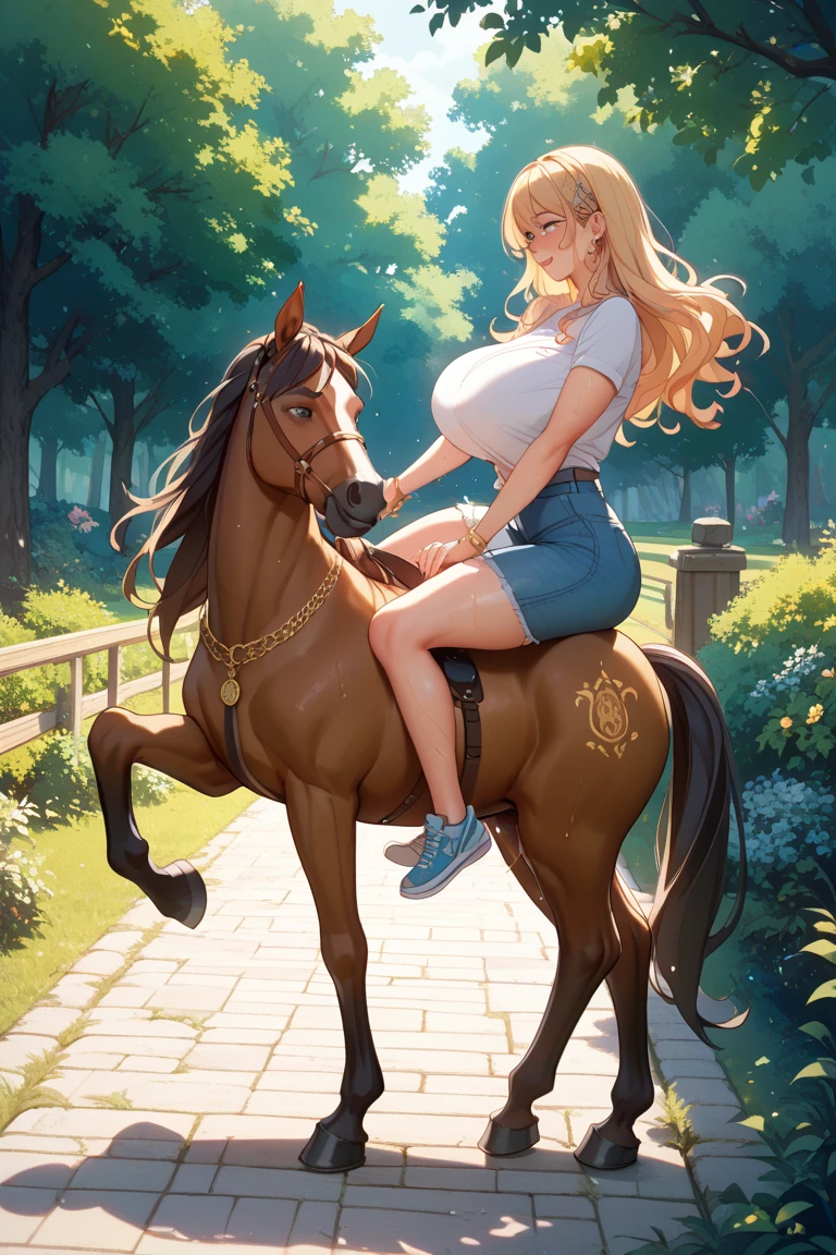 nsfw, masterpiece, 1 girl, erect nipples, nipples, high angle, intricately detailed, topless, penthouse, swimming pool, rooftop, skyscraper, night, neon lights, crossing, crowd, navel, necklace, holding smartphone, beautiful face, denim shorts, smiling, extremely detailed, photorealistic, octane render, 8 k, unreal engine. horse ears, horse tail, bare breasts, bare stomach, sweaty, people on background, heavy breathing, detailed, cowboy shot, tongue out, winking, small breasts, large