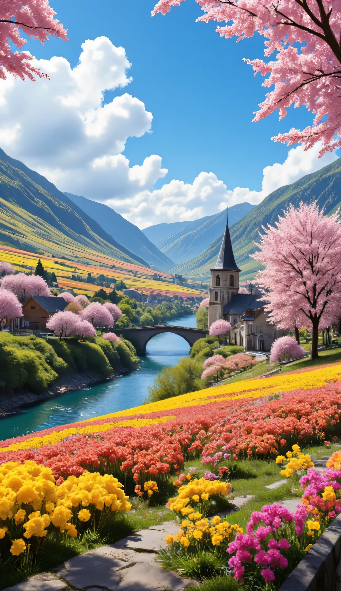 in high-definition images、Spring Prairie Image Masterpiece 、 bright color 、Spectacular Dramatic Expression Intense Style 、 Small Village with European Churches 、 Gothic Bridges 、 River Valley River、 Cherry blossoms along the river 、 Crystal Water Top Quality Delicate Details 、Ultra Clear 、 Screen Environment 、 realistic shadows 、 STURDY BUILDING。