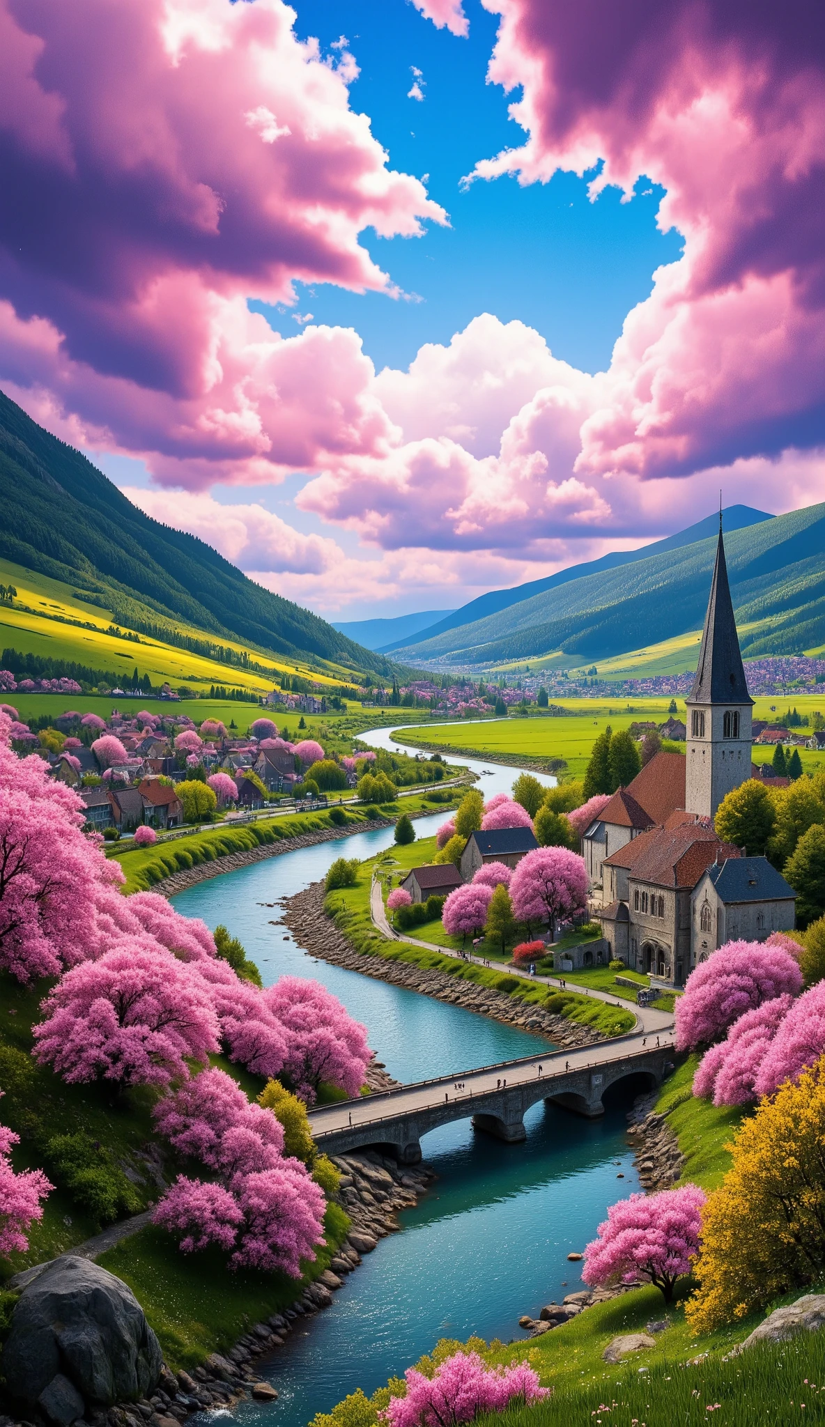 in high-definition images、Spring Prairie Image Masterpiece 、 bright color 、Spectacular Dramatic Expression Intense Style 、 Small Village with European Churches 、 Gothic Bridges 、 River Valley River、 Cherry blossoms along the river 、 Crystal Water Top Quality Delicate Details 、Ultra Clear 、 Screen Environment 、 realistic shadows 、 STURDY BUILDING。