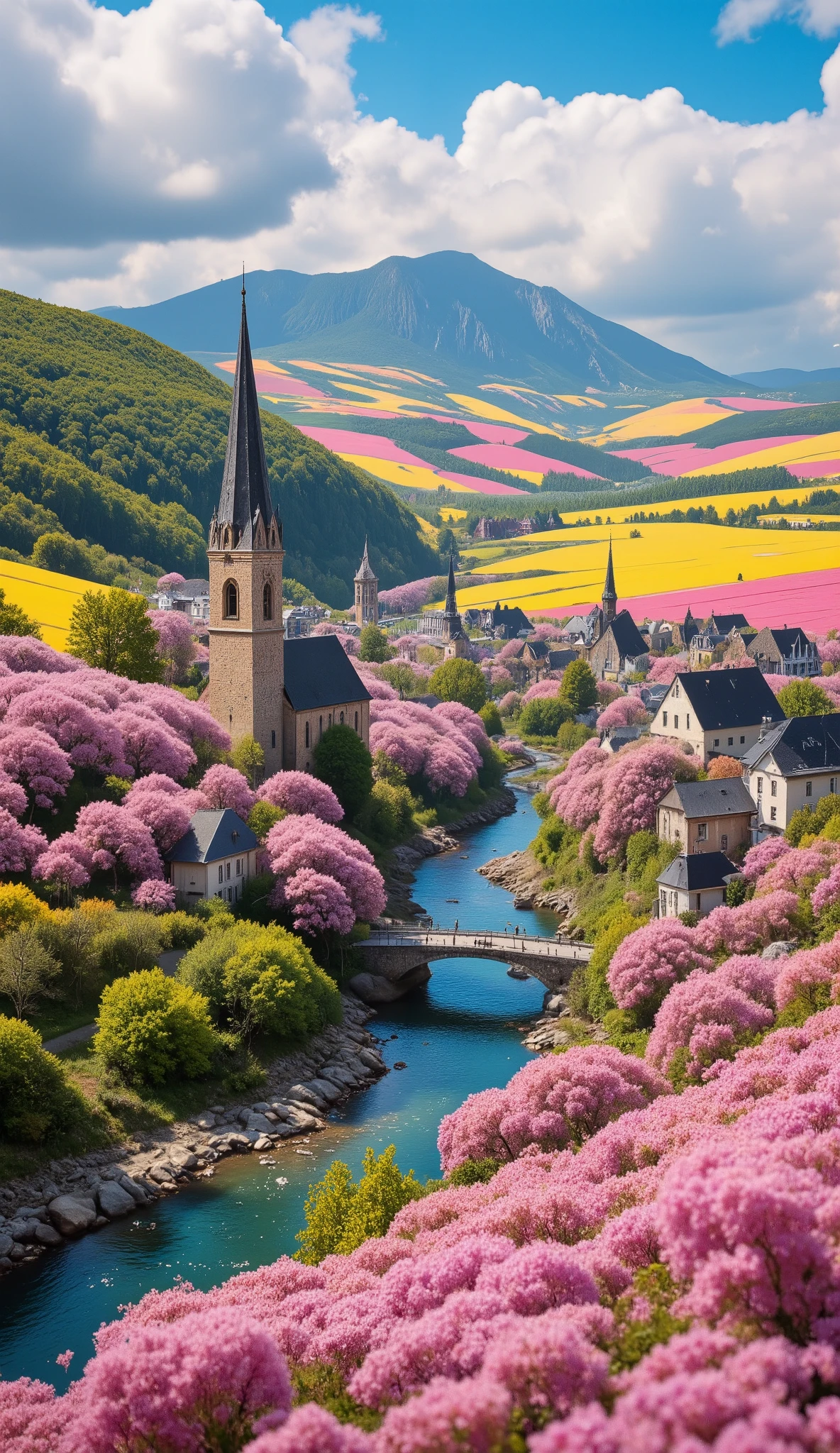 in high-definition images、Spring Prairie Image Masterpiece 、 bright color 、Spectacular Dramatic Expression Intense Style 、 Small Village with European Churches 、 Gothic Bridges 、 River Valley River、 Cherry blossoms along the river 、 Crystal Water Top Quality Delicate Details 、Ultra Clear 、 Screen Environment 、 realistic shadows 、 STURDY BUILDING。