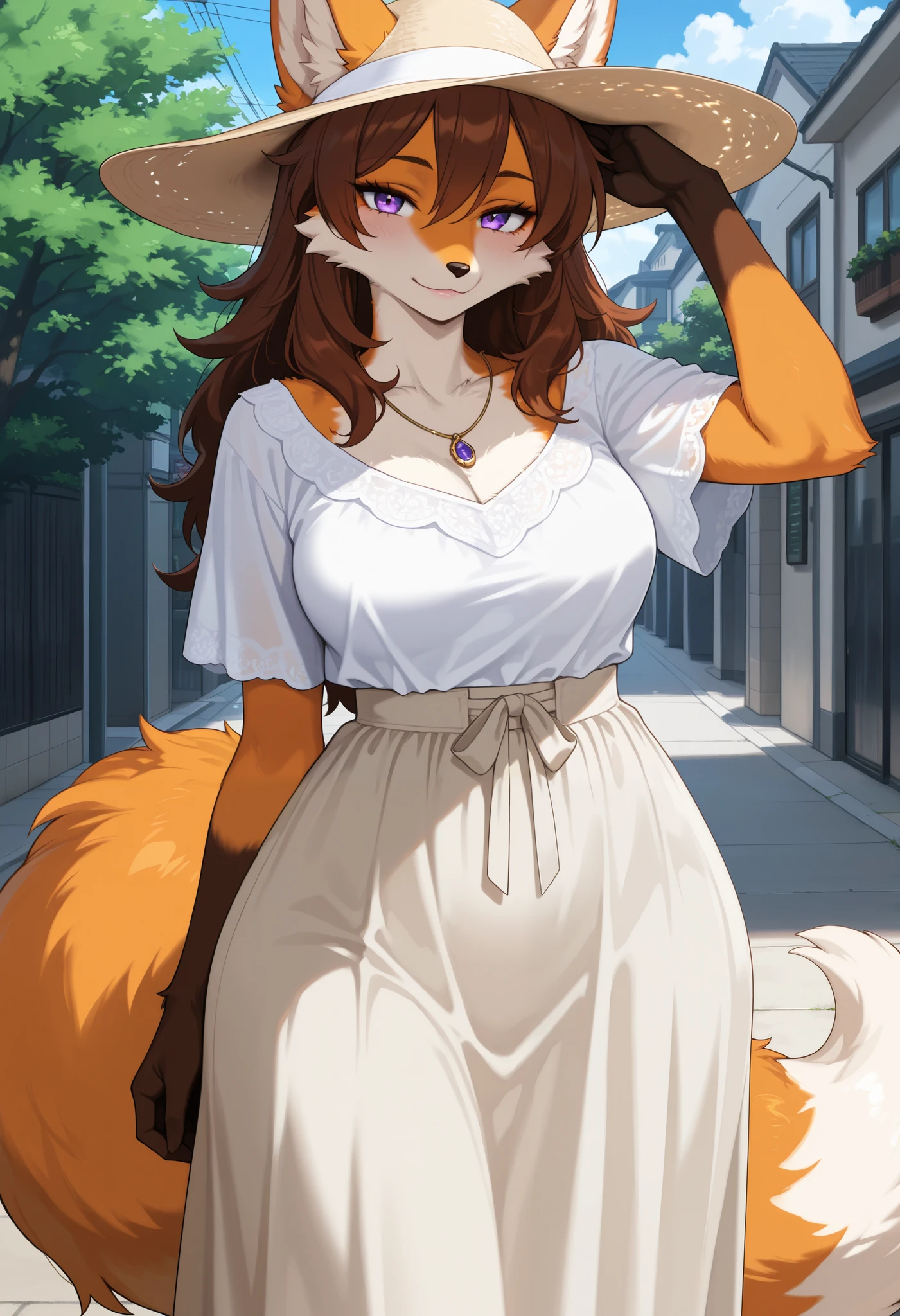 masterpiece, best quality, amazing quality, colorful, safe, furry, furry female, fox girl, mature female, light smile, hand on own head, looking at viewer, brown hair, long hair, purple eyes, (orange fur), fluffy fur, detailed fur, medium breasts, wide hips, sun hat, necklace, loose clothes, white blouse, high waist skirt, long skirt, outdoors, neighborhood, (anime screencap:1.1)