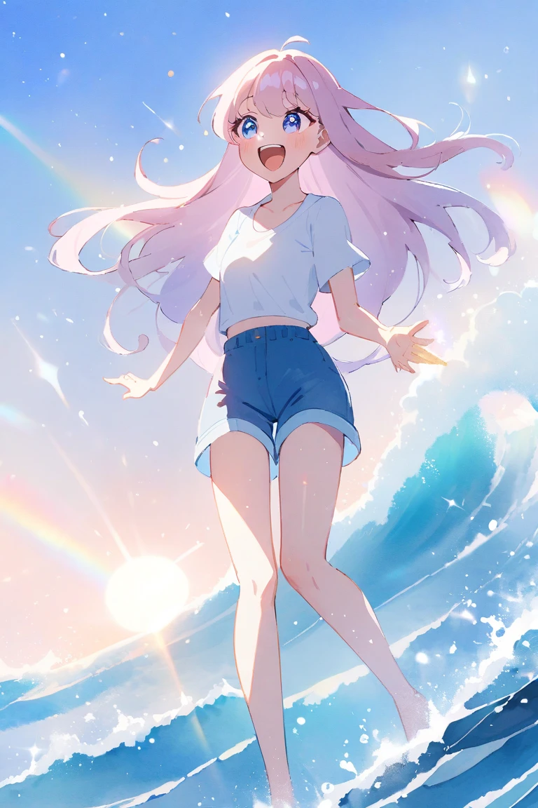 Momoko Sakura style、8k品質, Detailed watercolor art, 水彩splash, Surreal, Avant-garde , ((A large plain white T-shirt is wet.、She is wearing a cute bikini underneath, The T-shirt is wet.))、(Indigo hair color、Straight Hair、Pastel color inner color hairstyle、Hair expressed with a delicate touch), Beautiful Hair, Facial Contour, Remember, splash, Lens flare、sunlight、illumination、Natural Color, High resolution, Very delicate, Very detailed, 8k、Large swimming pool、Wet、smile、Viewing angle from below、Overall angle of view