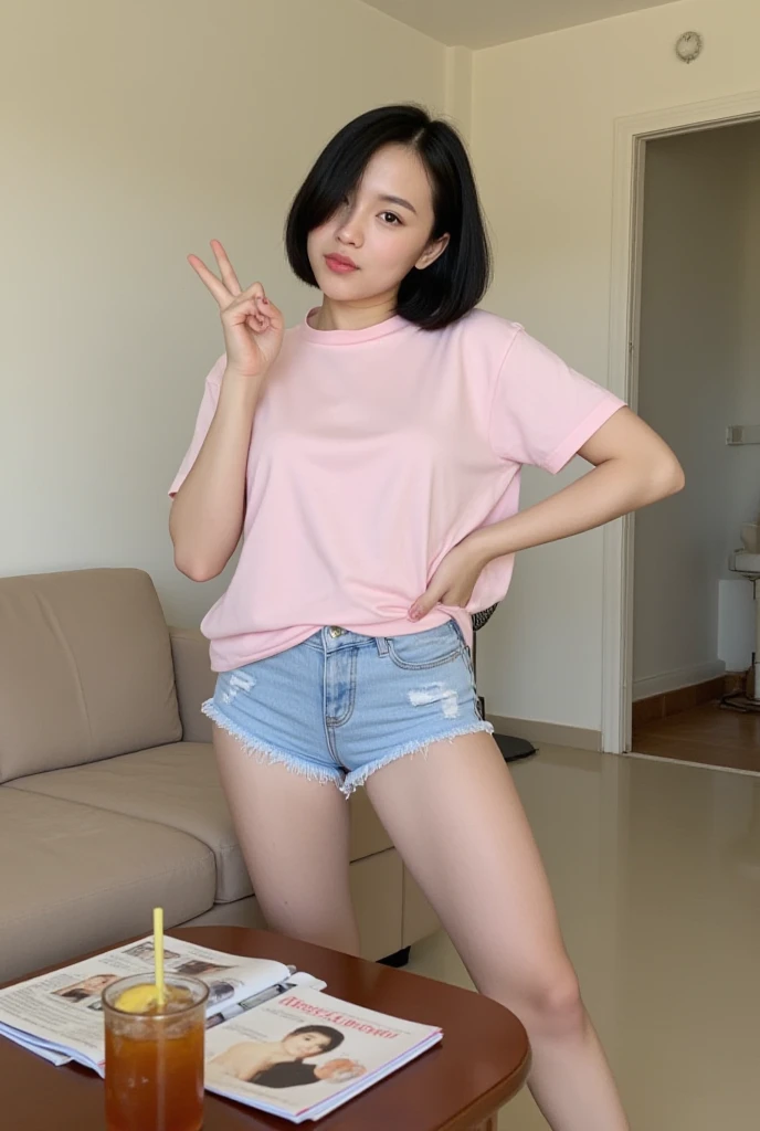 a taking selfie, phone straight, pink shirt, white sleeves, peace sign, 4 feet tall 90 pounds