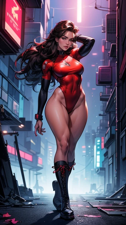 Could you create for me a sexy and beautiful woman with a curvaceous athletic body, violet eyes, large breasts and derriere, black hair, wearing a red superhero suit, exuding a sensual and flirtatious gaze in a futuristic city with an epic backdrop? (1.5)
Masterpiece, best quality, realistic, hyper-realistic, photorealistic, 4k HDR, Cinematic, 1 woman, superheroine, red suit, black hair, curvy body, large breasts and derriere, violet eyes, seductive and coquettish expression, futuristic city, epic backdrop.
With meticulous attention