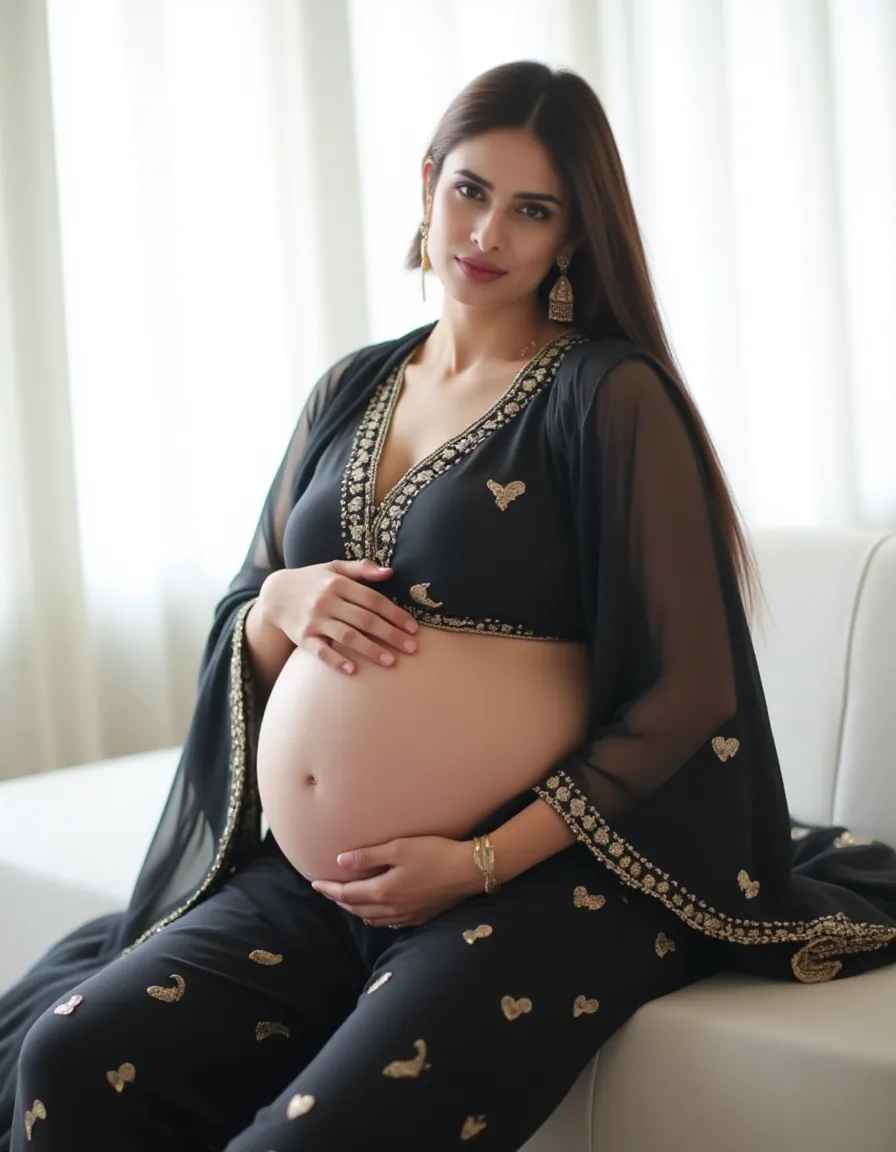 face mix of Salman khan and Shahrukh Khan, as a 25 years old Russian woman and 9 months pregnant woman, wearing saree, wearing bridal saree, cleavage , big breast, plus size model, beautiful face, long black hair, confident princess look from Kamasutra, sexy curve, sexy look, sexy dress,full body picture